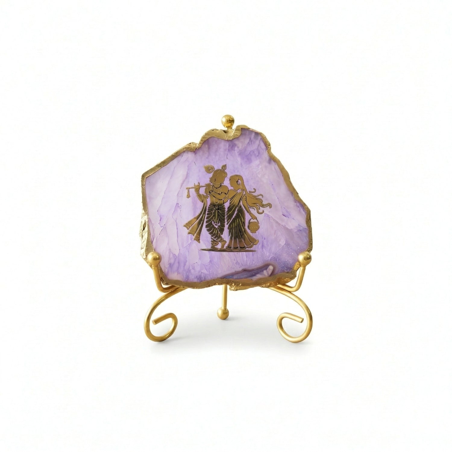 Agate Radha Krishna Showpiece with Metal Stand - Purple