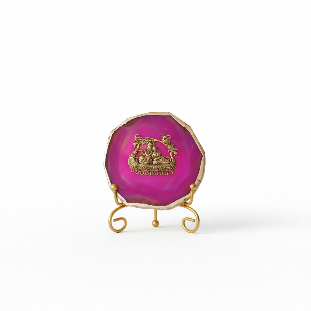 Agate Metal Radha Krishna Showpiece with Metal Stand - Pink