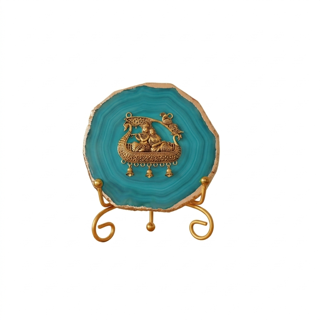 Agate Metal Radha Krishna Showpiece with Metal Stand - Turquoise
