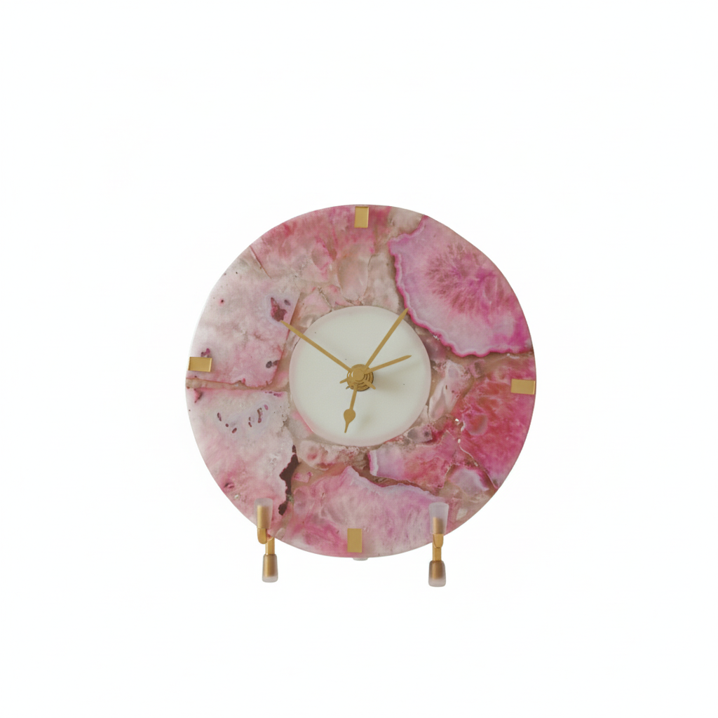 Agate Round Pink Color Desk Clock with Metal Stand