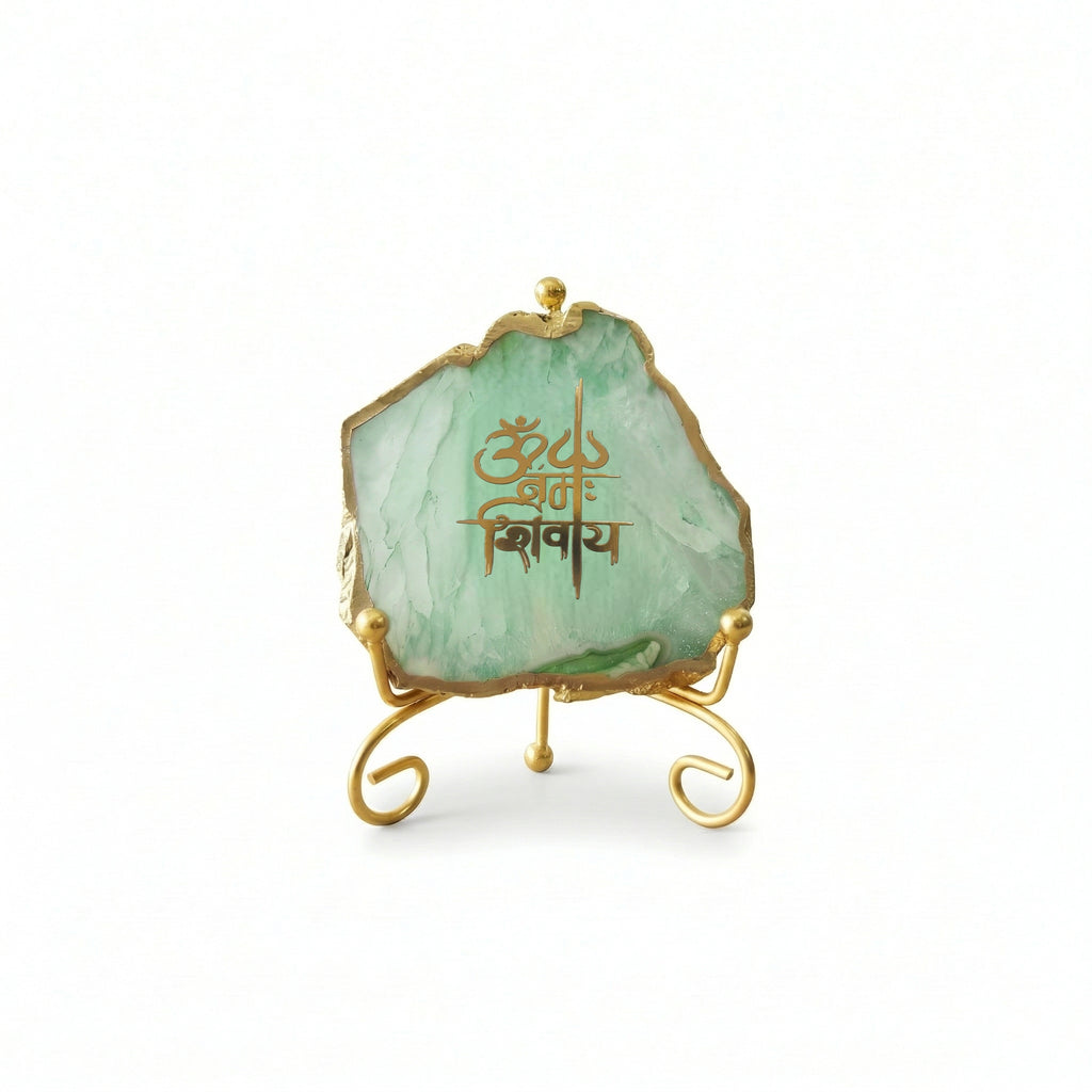 Agate Om Namah Shivay Showpiece with Metal Stand - Green