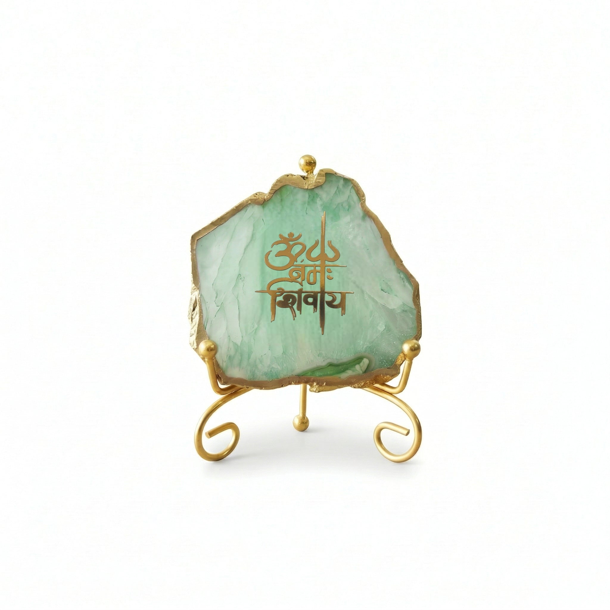 Agate Om Namah Shivay Showpiece with Metal Stand - Green