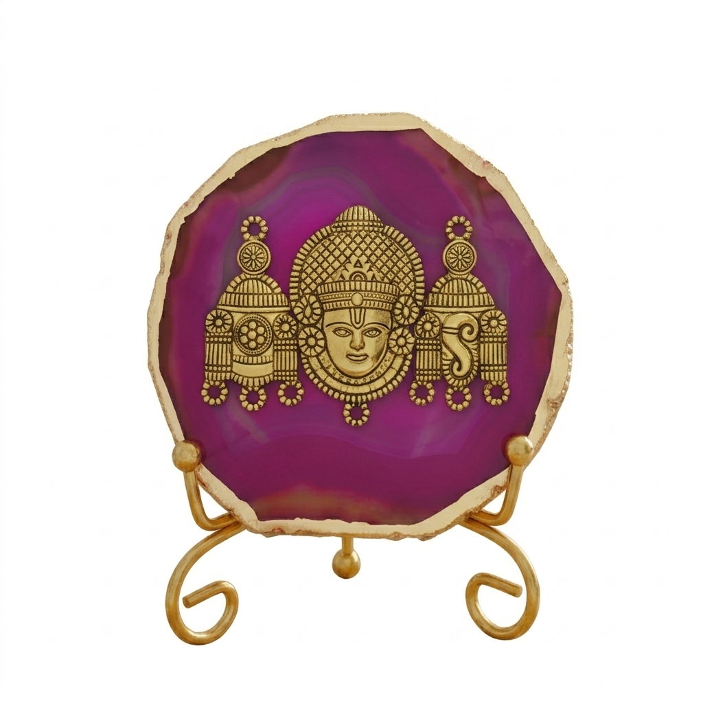 Agate Metal Venketeshwar Showpiece with Metal Stand - Pink