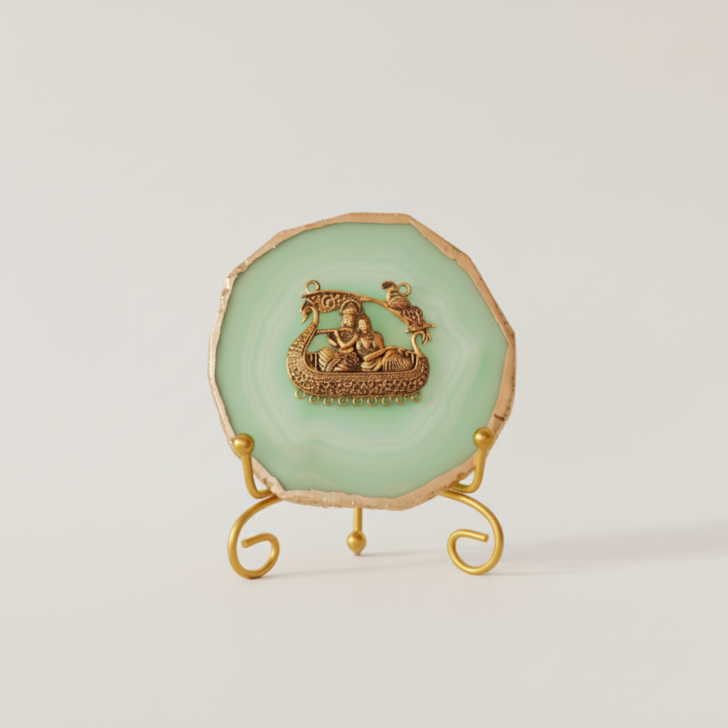 Agate Metal Radha Krishna Showpiece with Metal Stand - Green