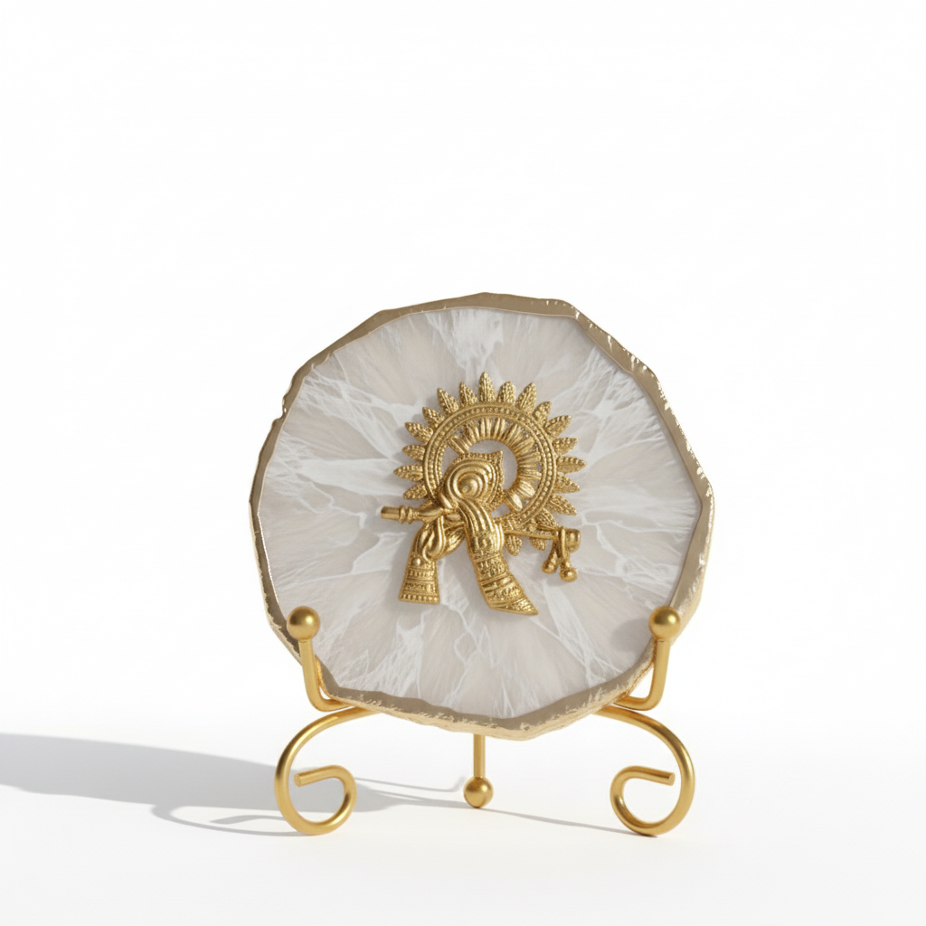 Agate Metal Krishna Showpiece with Metal Stand - White