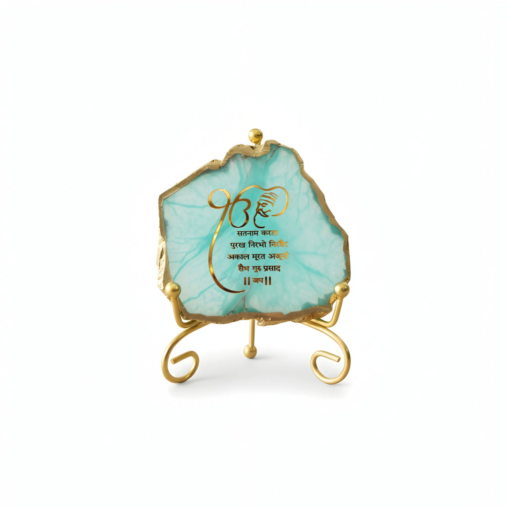 Agate Starting of Mool Mantra Showpiece with Metal Stand - Turquoise