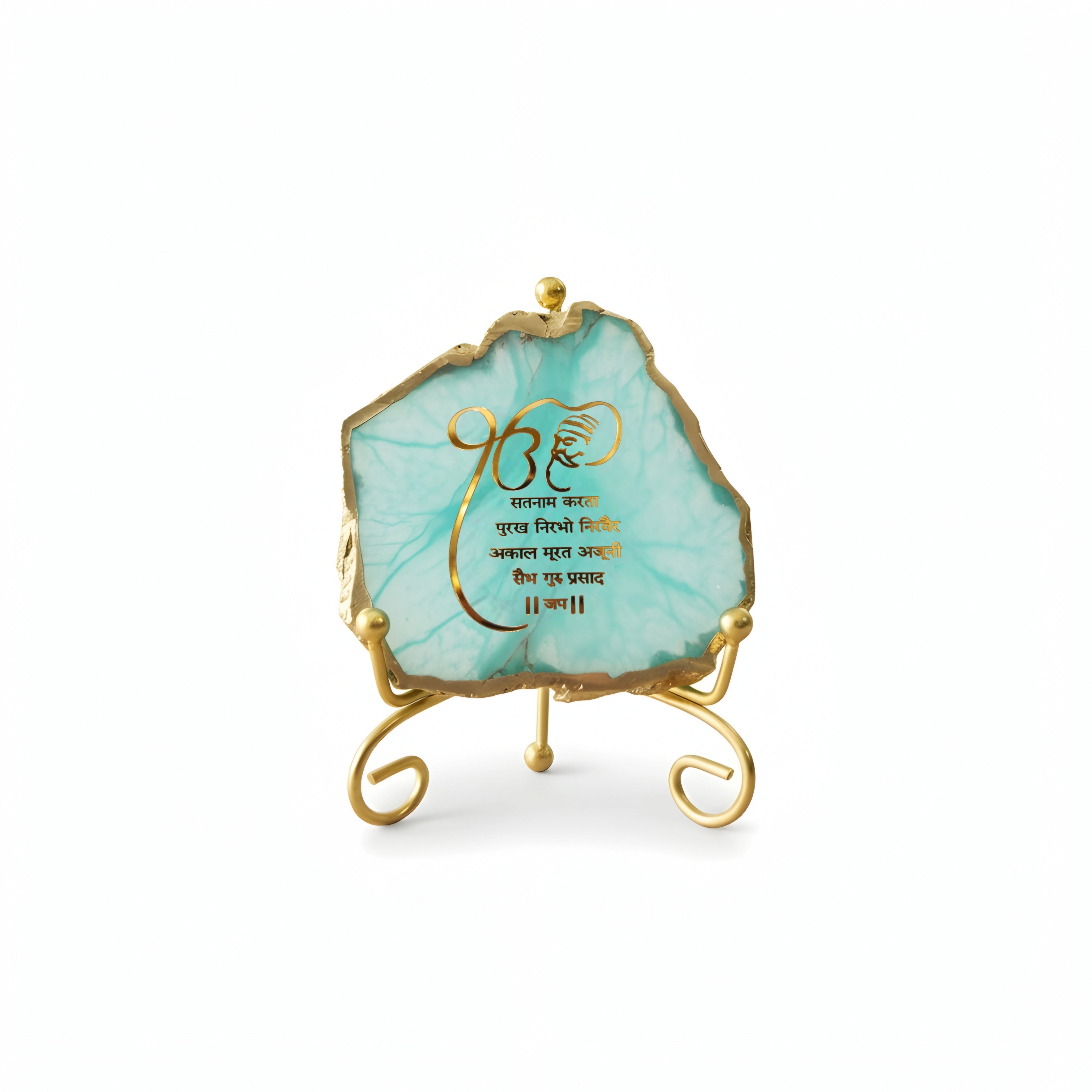 Agate Starting of Mool Mantra Showpiece with Metal Stand - Turquoise