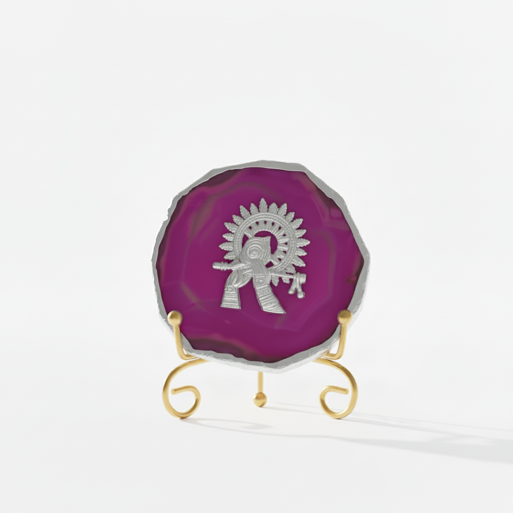 Agate Silver Metal Krishna Showpiece with Metal Stand - Pink