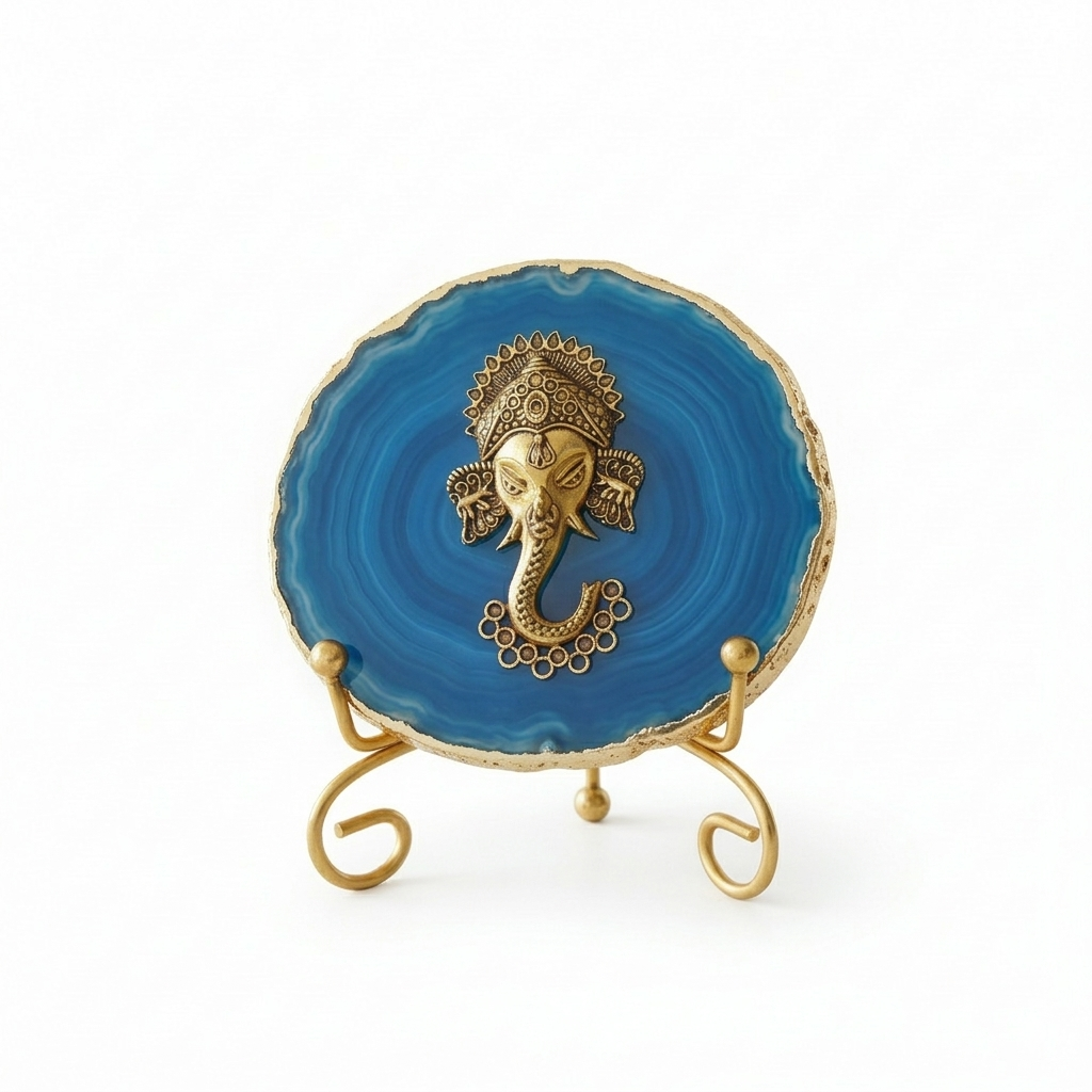 Agate Metal Ganesha Showpiece with Metal Stand - Blue