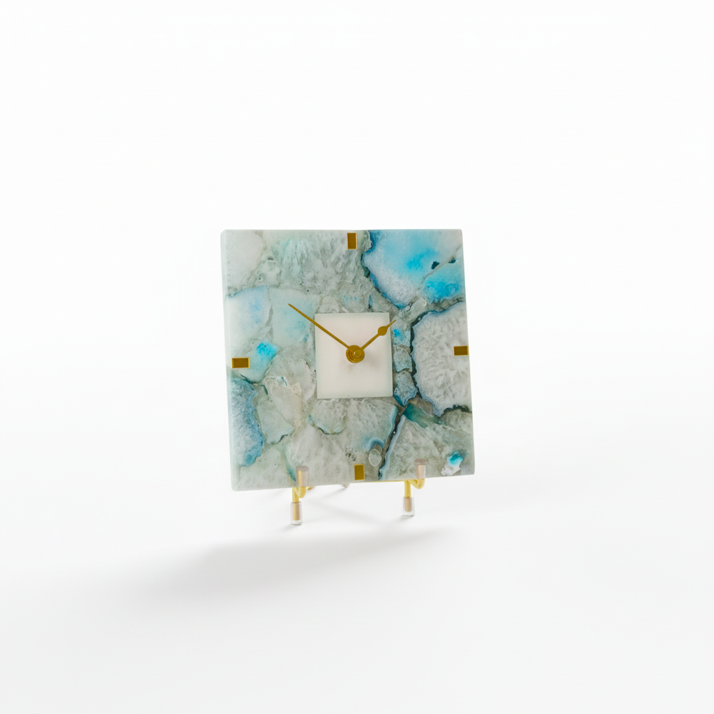 Agate Square Turquoise Color Desk Clock With Metal Stand