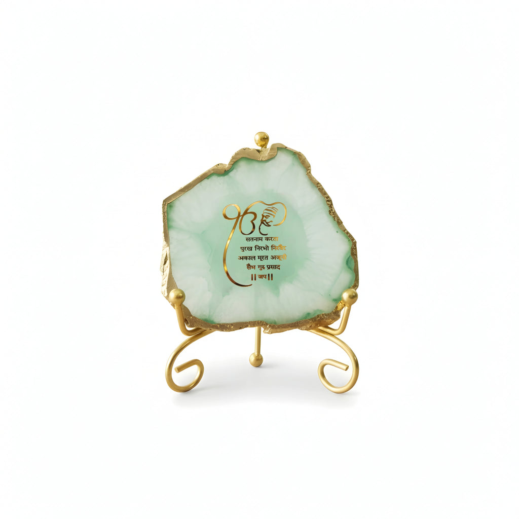 Agate Starting of Mool Mantra Showpiece with Metal Stand - Green