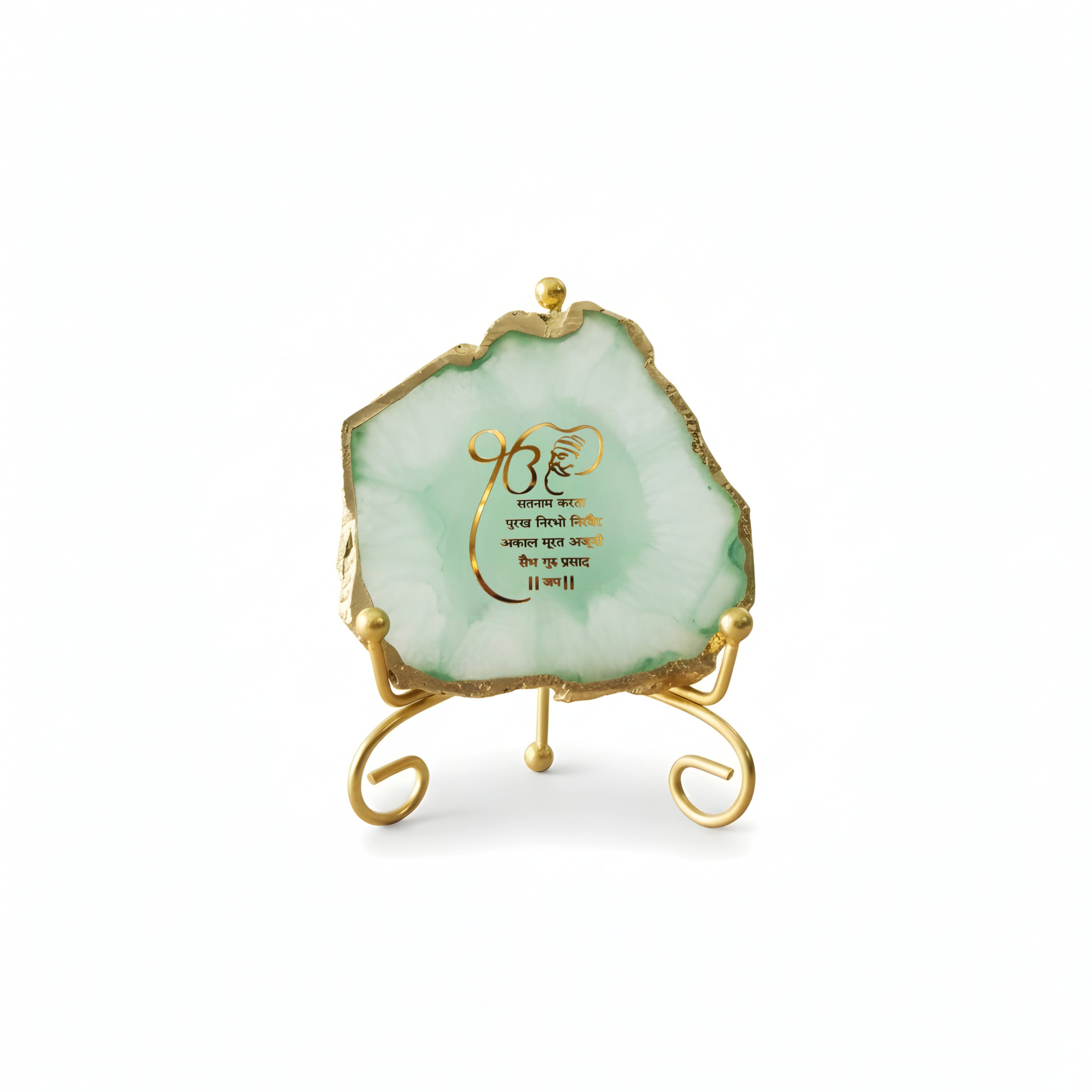 Agate Starting of Mool Mantra Showpiece with Metal Stand - Green