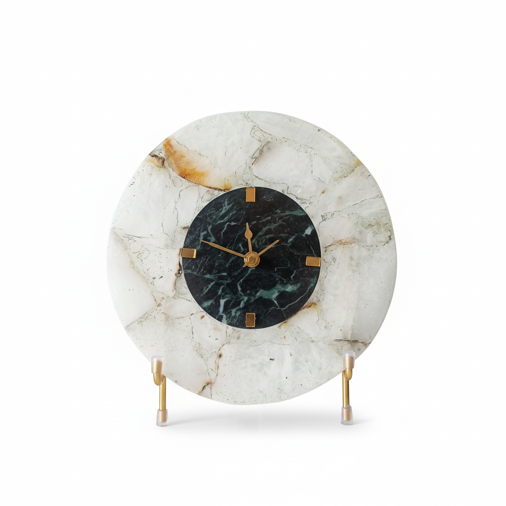 Round White Agate and Green Marble Big Desk Clock with Metal Stand