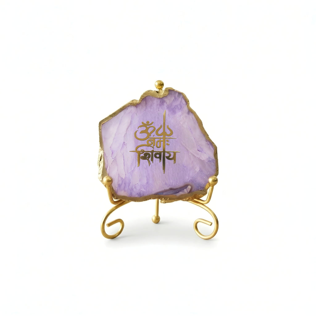 Agate Om Namah Shivay Showpiece with Metal Stand - Purple