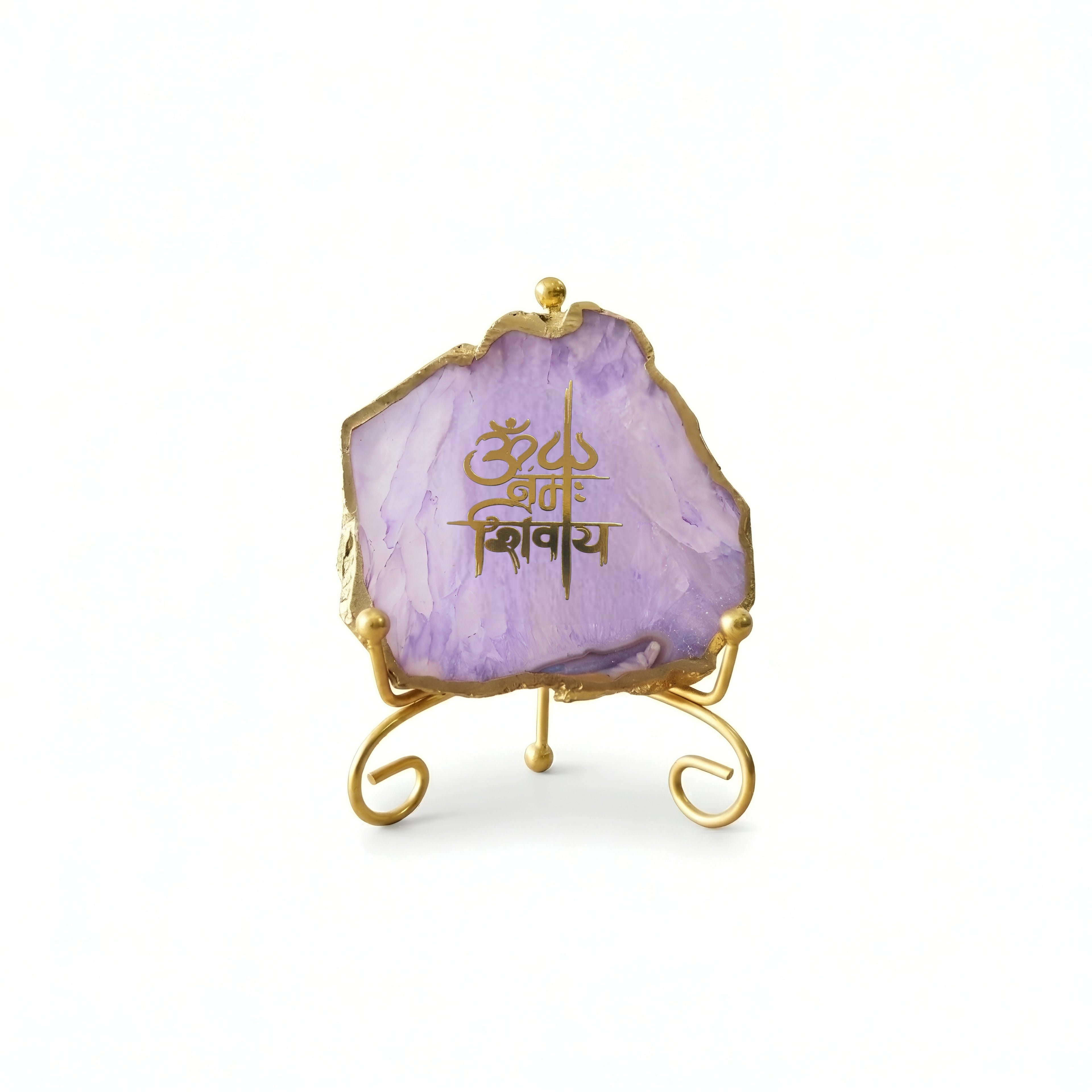 Agate Om Namah Shivay Showpiece with Metal Stand - Purple