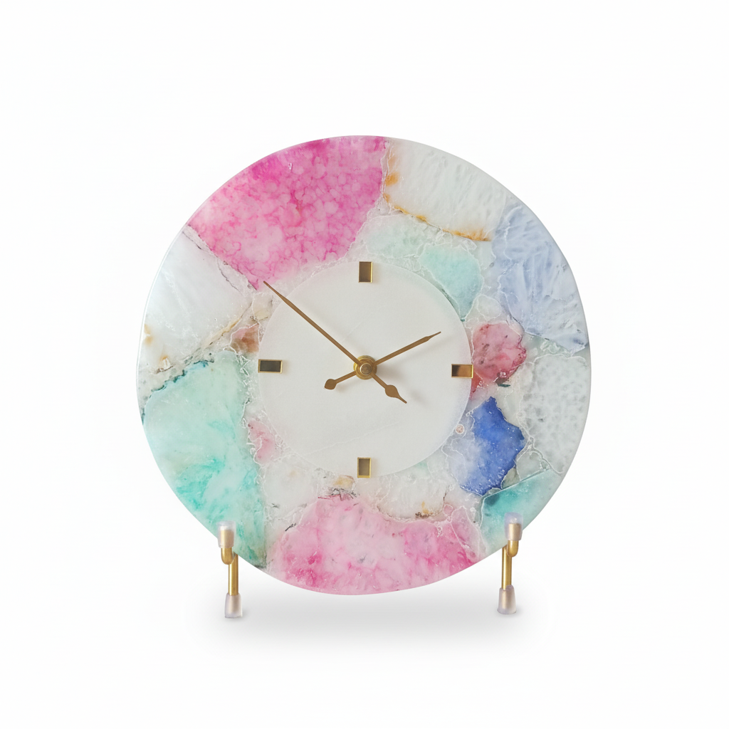 Round Multicolor Agate And White Marble Big Desk Clock with Metal Stand
