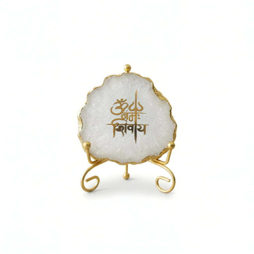 Agate Om Namah Shivay Showpiece with Metal Stand - White