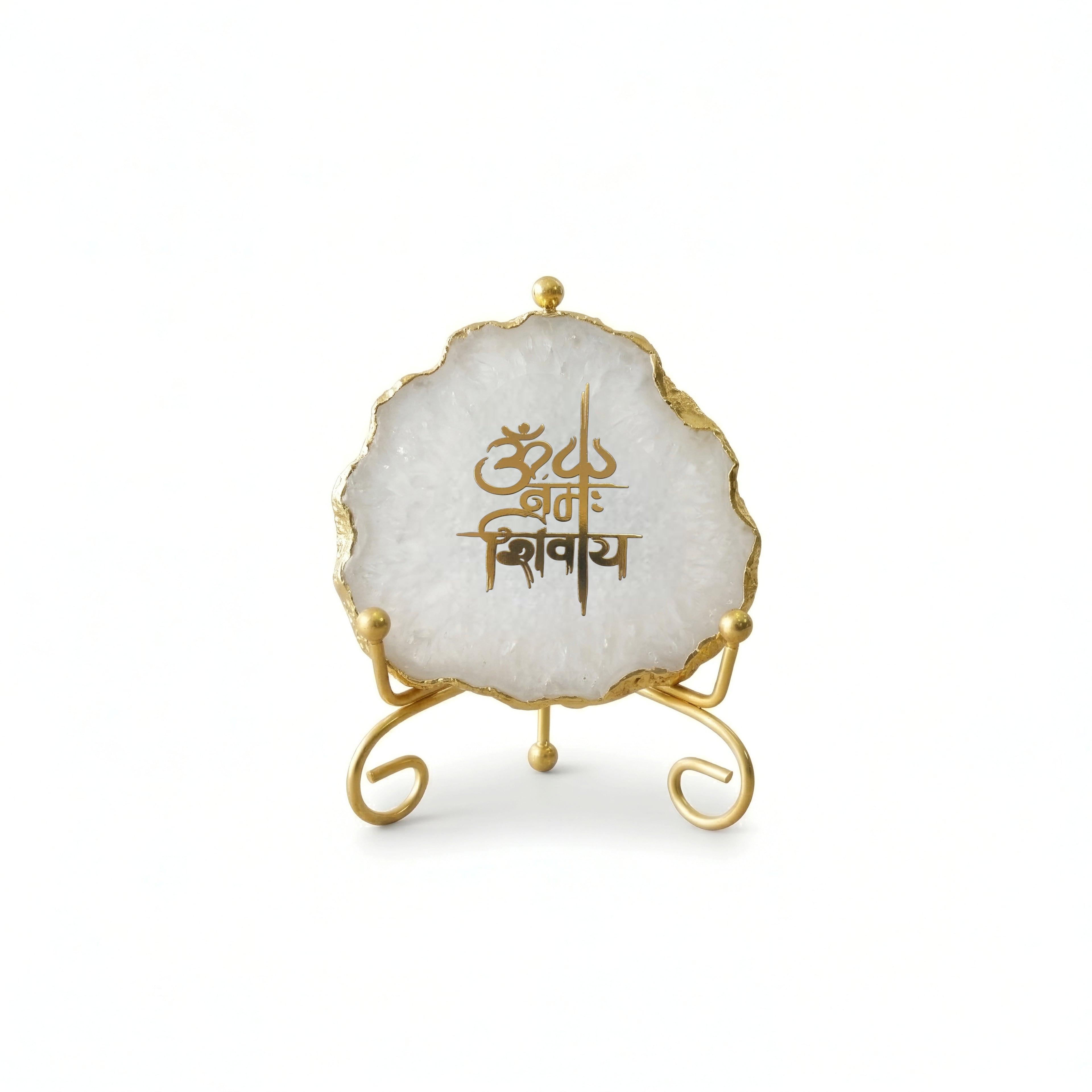 Agate Om Namah Shivay Showpiece with Metal Stand - White