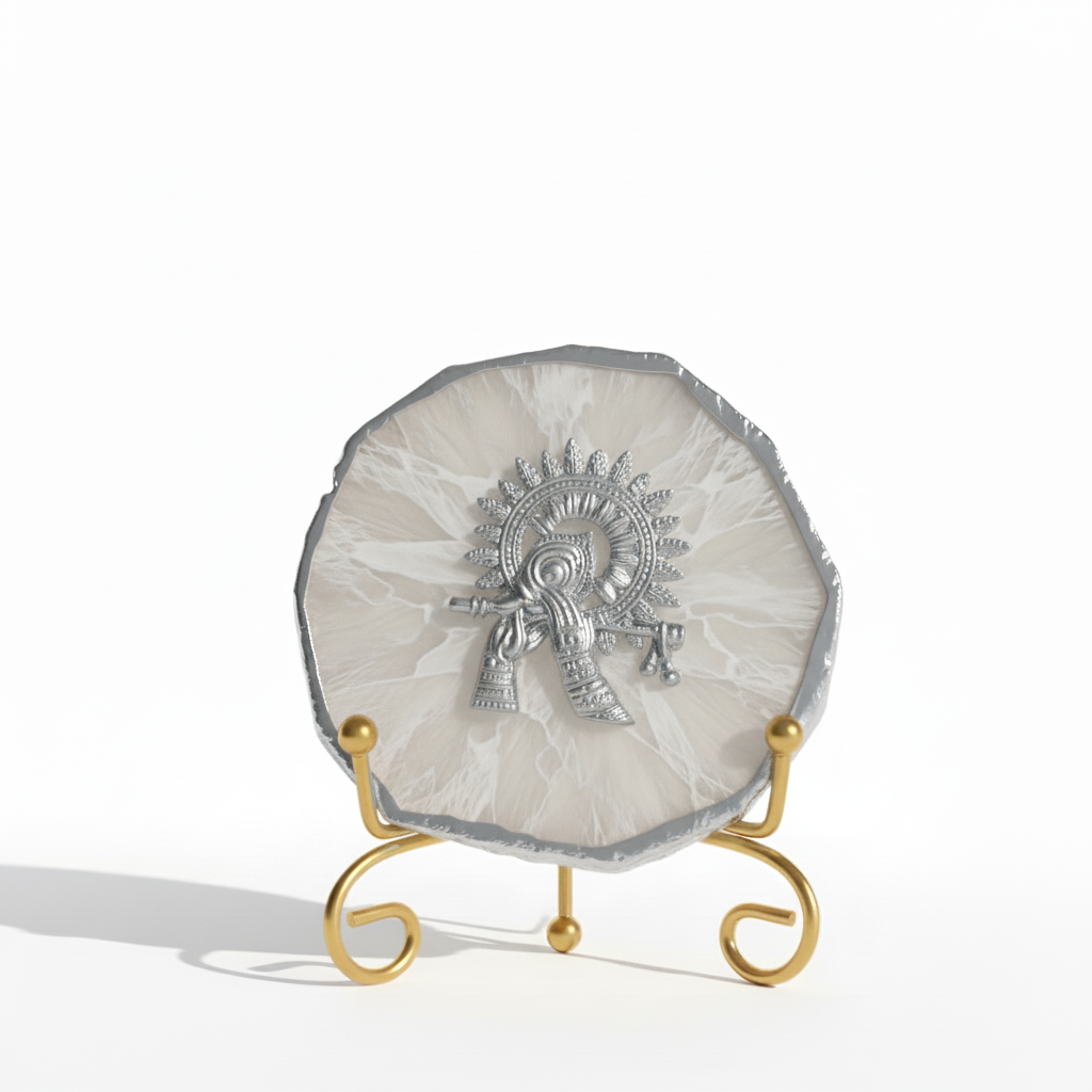 Agate Silver Metal Krishna Showpiece with Metal Stand - White