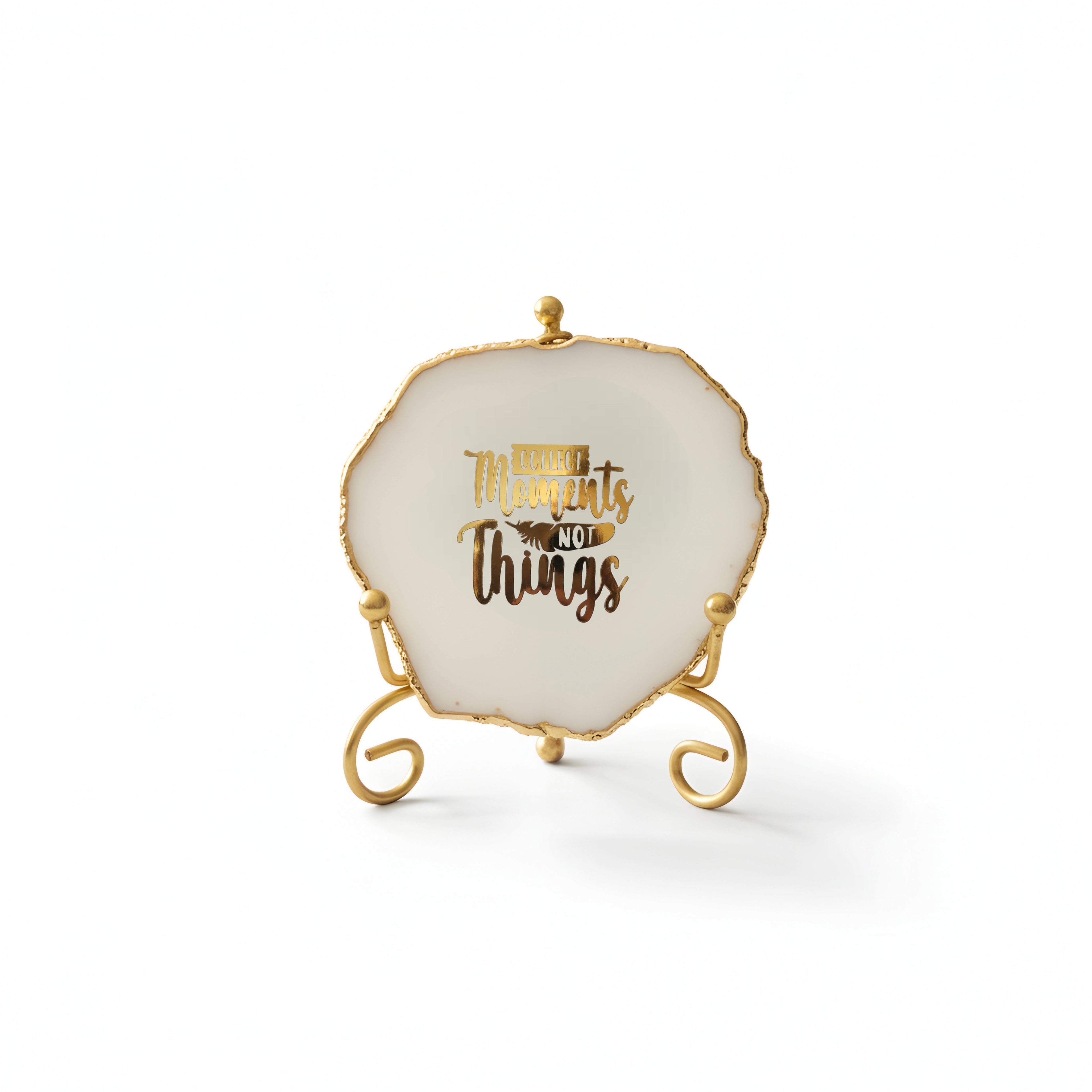 Agate Collect moments not things showpieces with Metal Stand - White