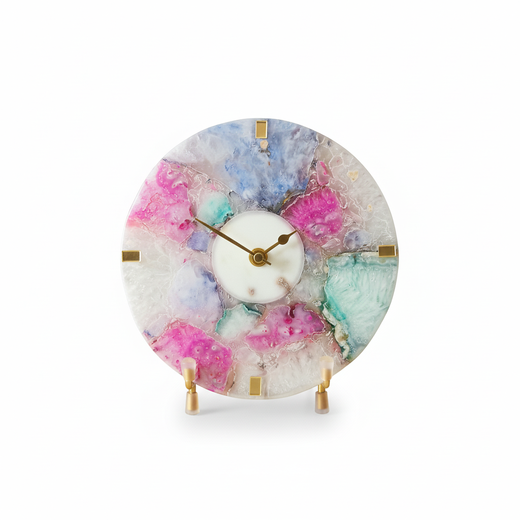 Agate Round Multi Color Desk Clock With Metal Stand