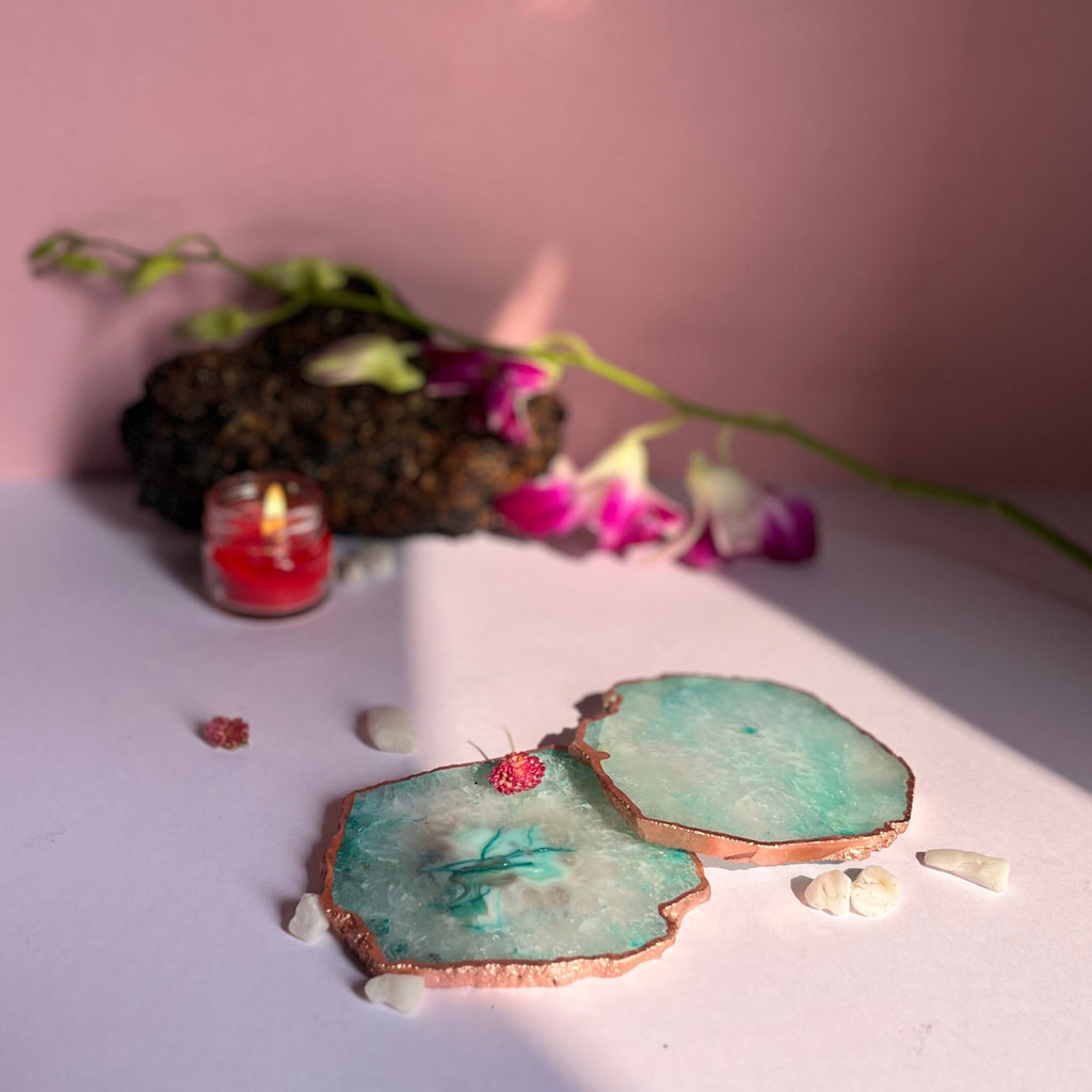 Turquoise  Crystal Agate Coaster With Rose Gold Plating