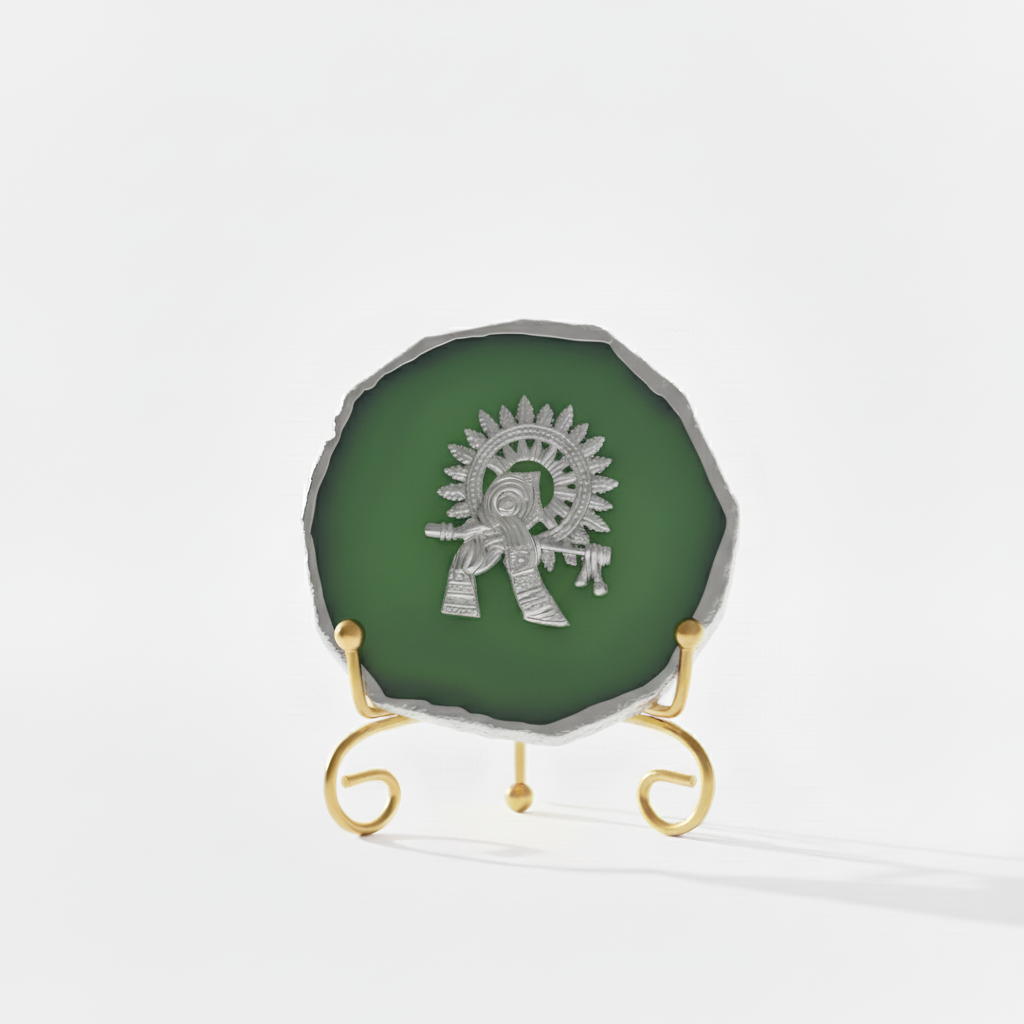 Agate Silver Metal Krishna Showpiece with Metal Stand - Green