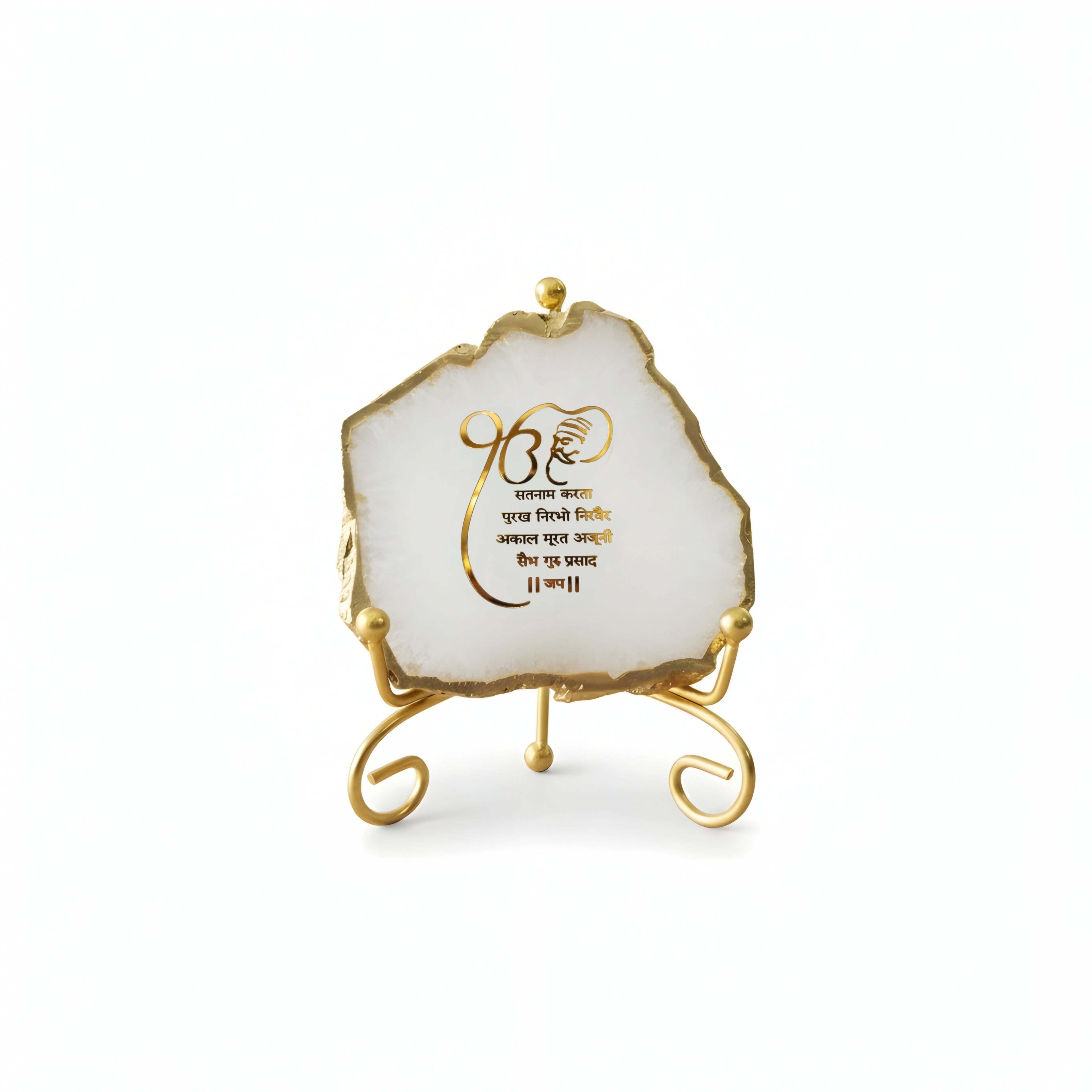 Agate Starting of Mool Mantra Showpiece with Metal Stand - White
