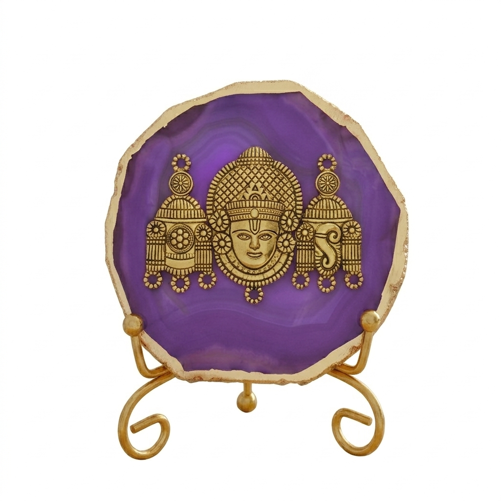 Agate Metal Venketeshwar Showpiece with Metal Stand - Purple