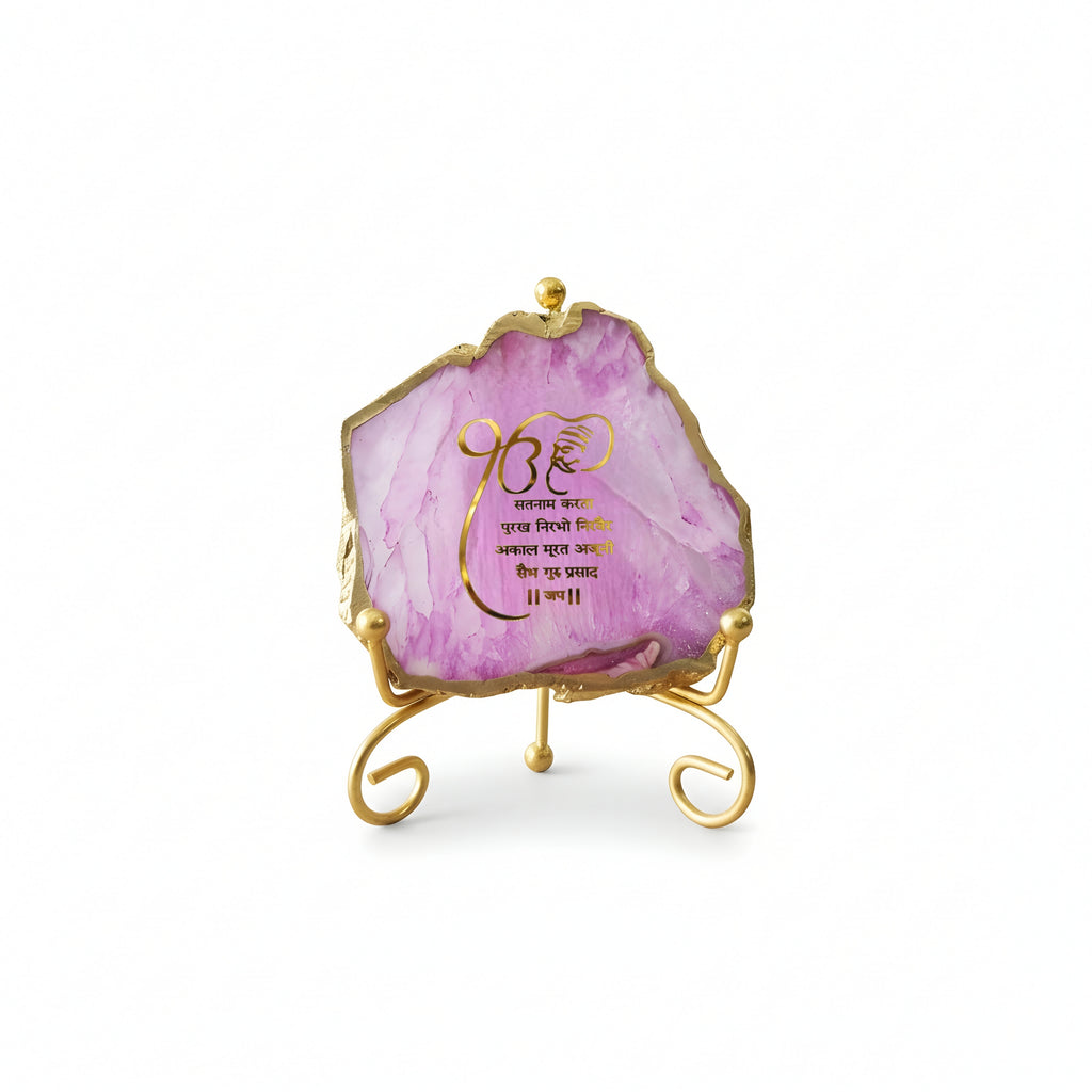 Agate Starting of Mool Mantra Showpiece with Metal Stand - Pink