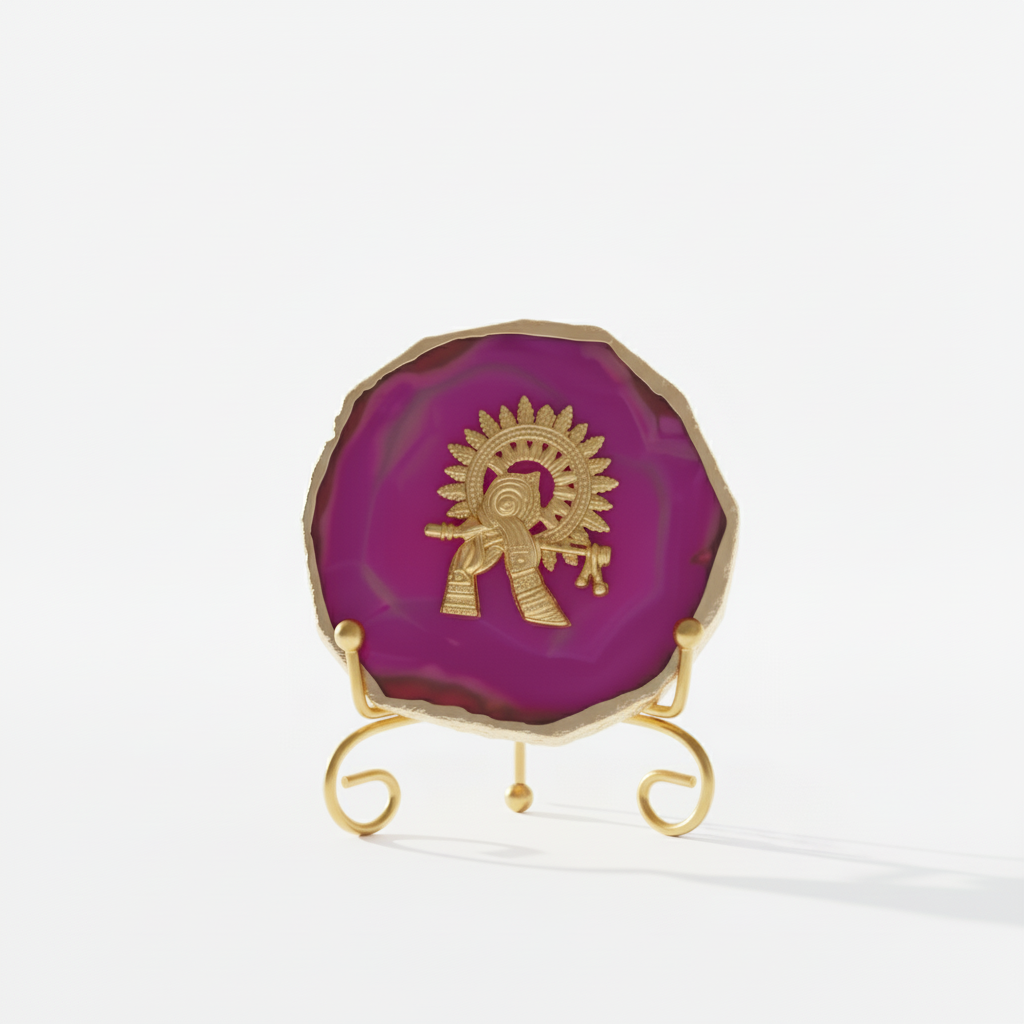Agate Metal Krishna Showpiece with Metal Stand - Pink