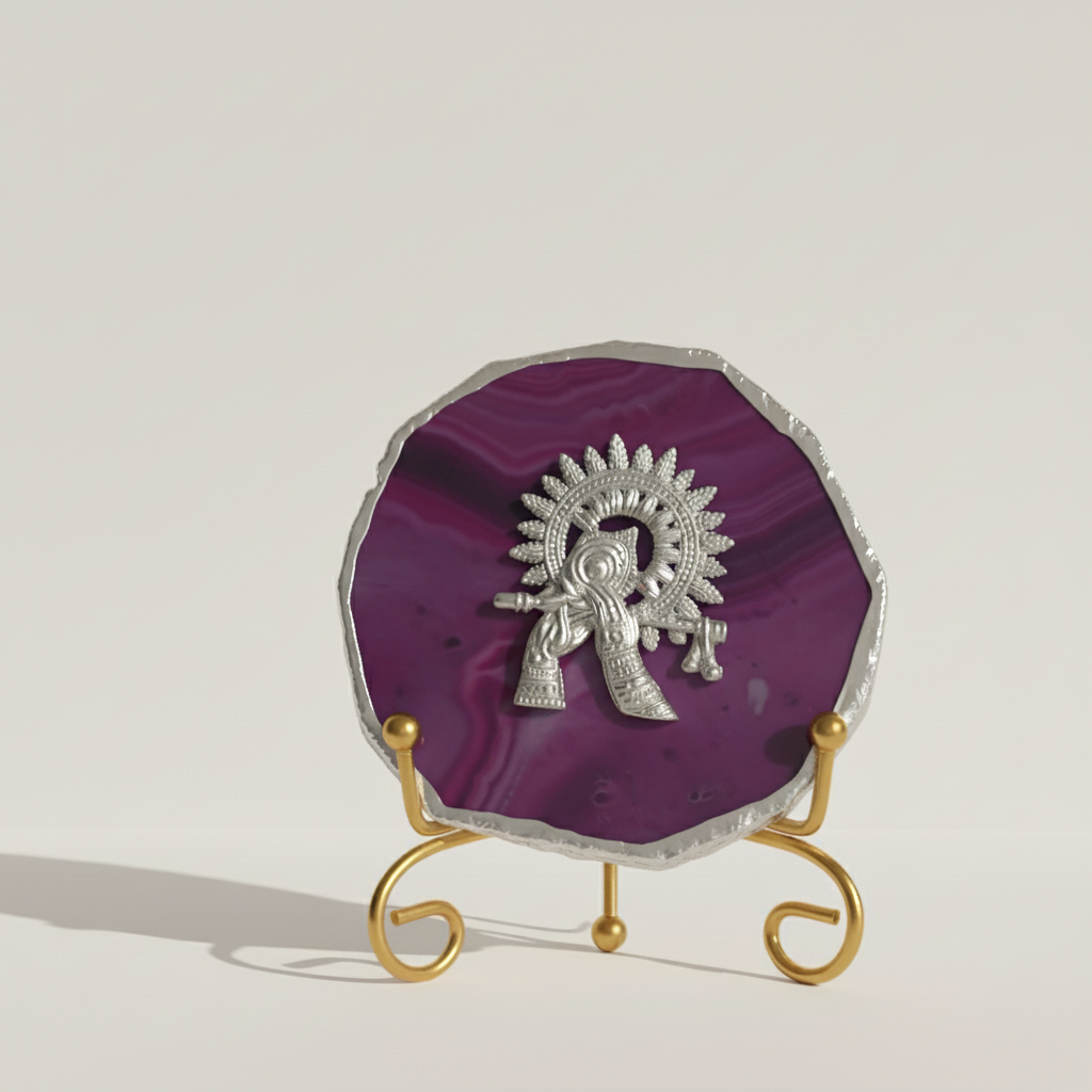 Agate Silver Metal Krishna Showpiece with Metal Stand - Purple
