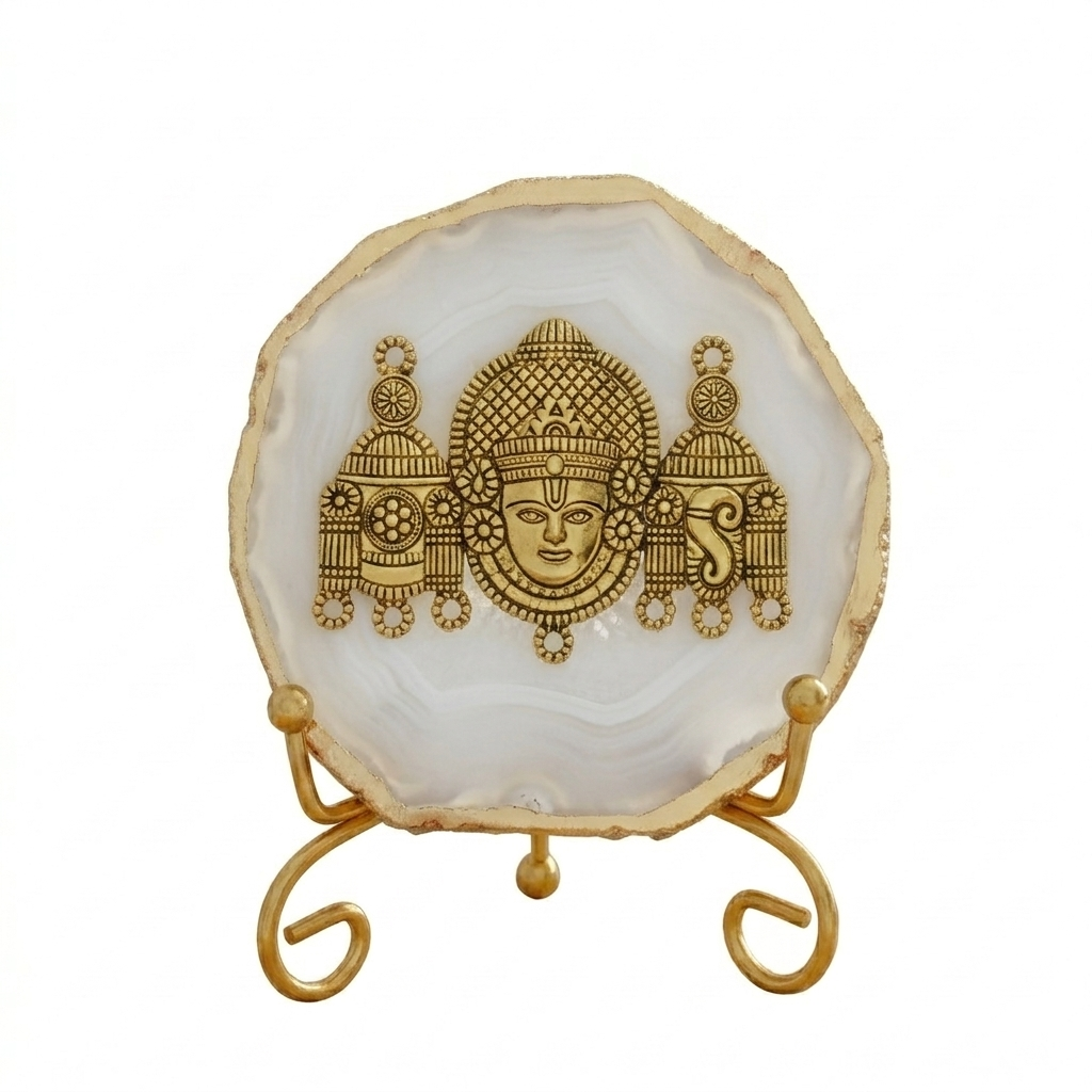 Agate Metal Venketeshwar Showpiece with Metal Stand - White