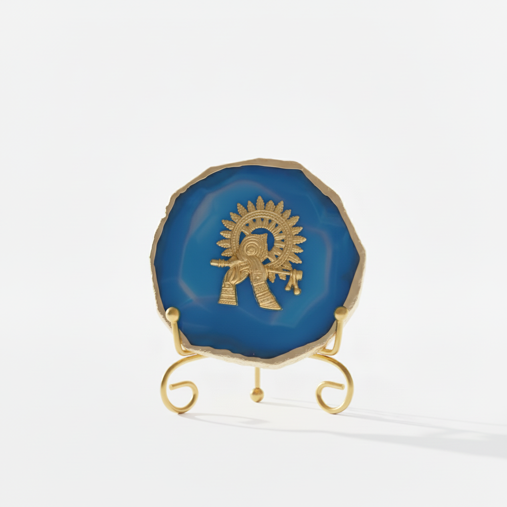 Agate Metal Krishna Showpiece with Metal Stand - Blue