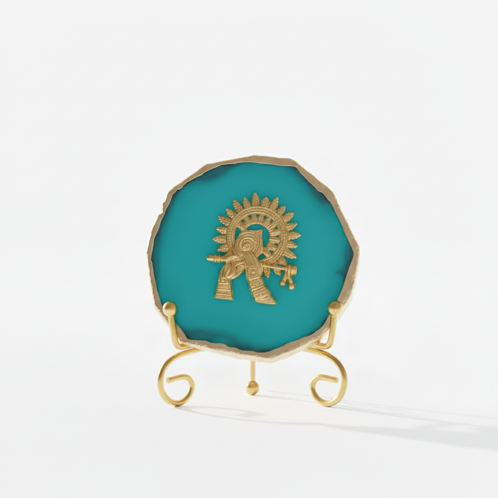 Agate Metal Krishna Showpiece with Metal Stand - Turquoise