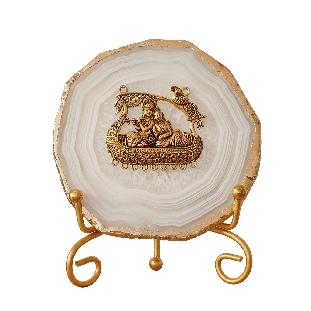 Agate Metal Radha Krishna Showpiece with Metal Stand - White