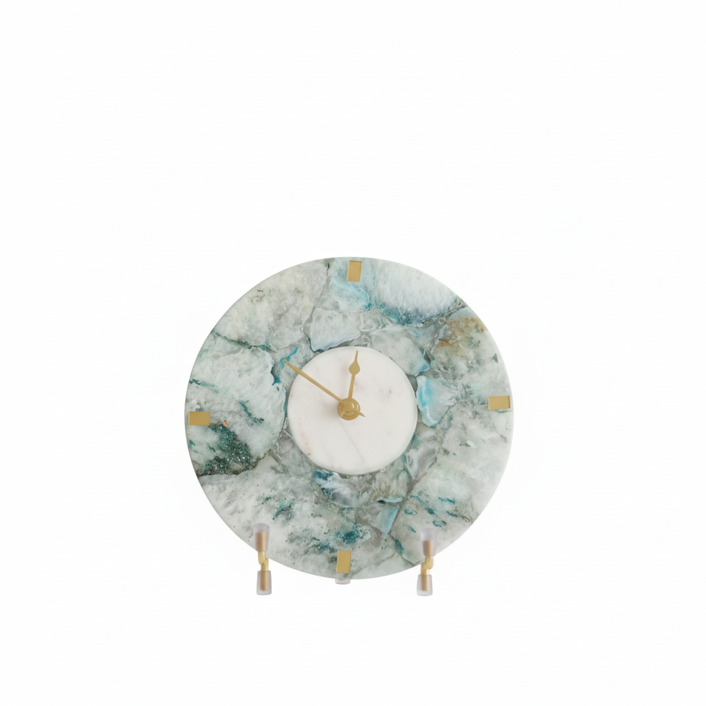 Agate Round Turquoise Color Desk Clock with Metal Stand