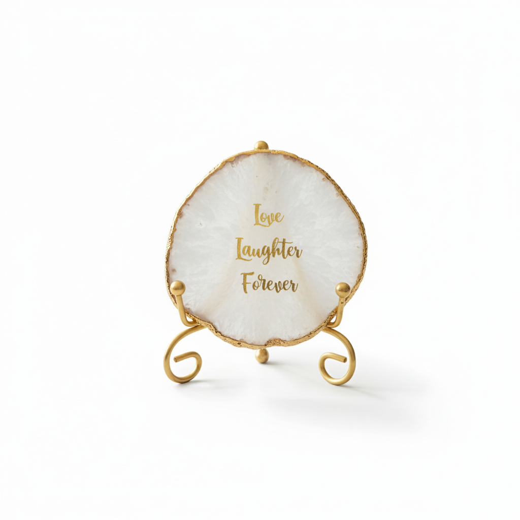 Agate love laughter forever Showpiece with Metal Stand - White