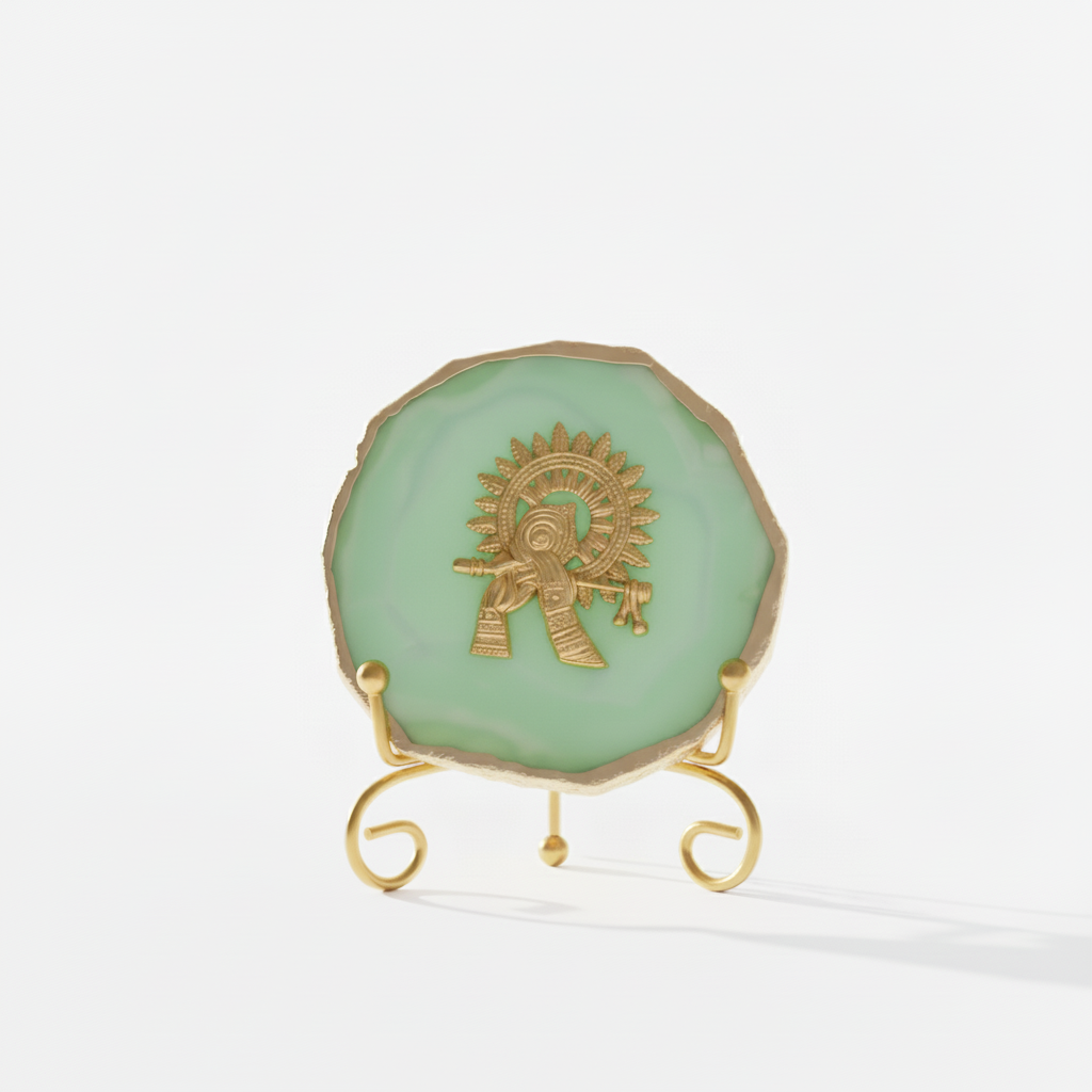 Agate Metal Krishna Showpiece with Metal Stand - Green