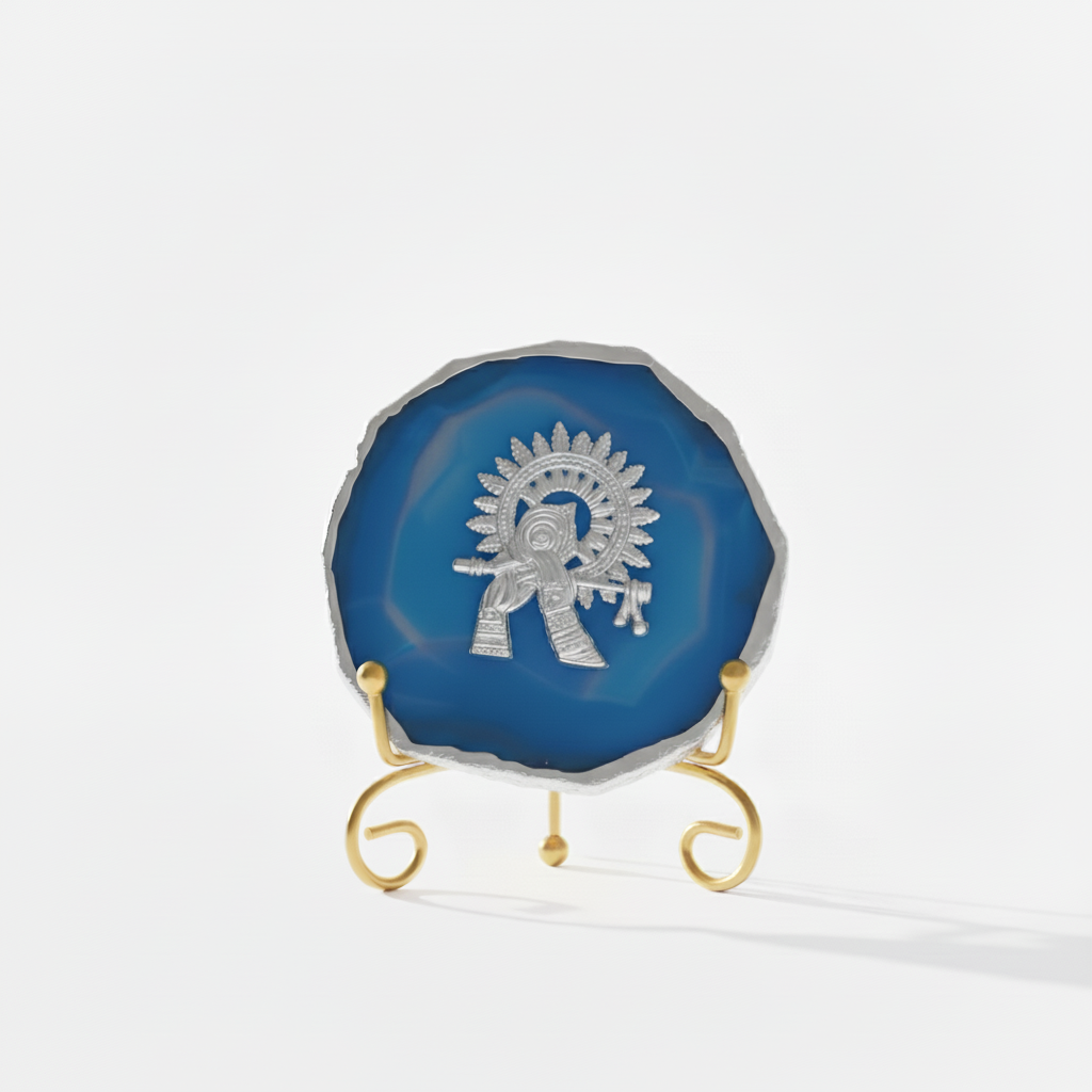 Agate Silver Metal Krishna Showpiece with Metal Stand - Blue