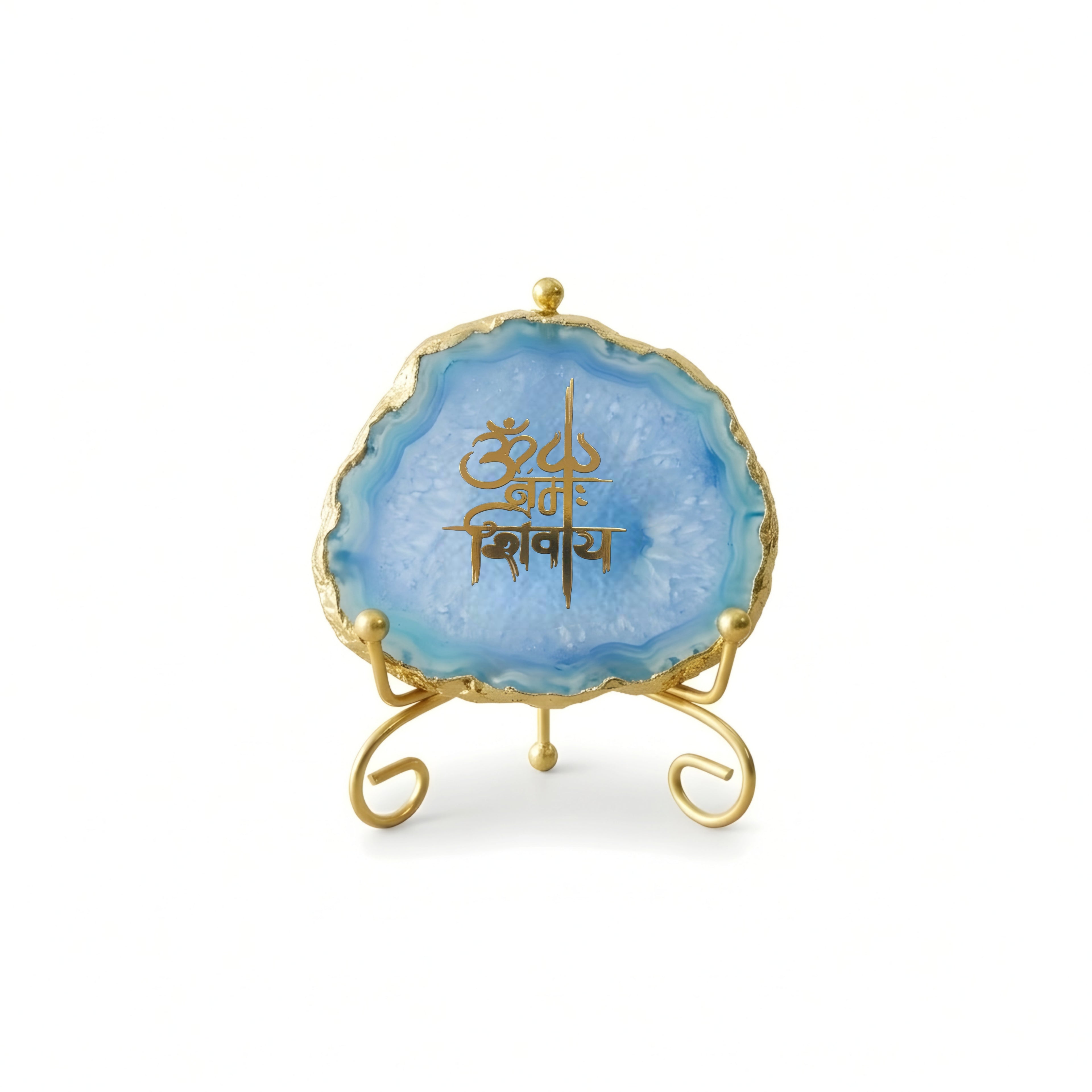 Agate Om Namah Shivay Showpiece with Metal Stand - Blue