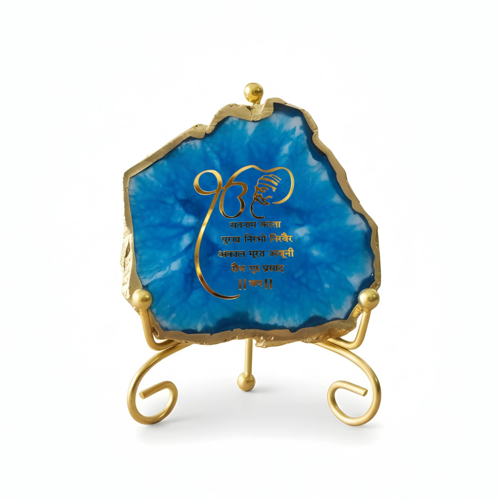 Agate Starting of Mool Mantra Showpiece with Metal Stand - Blue