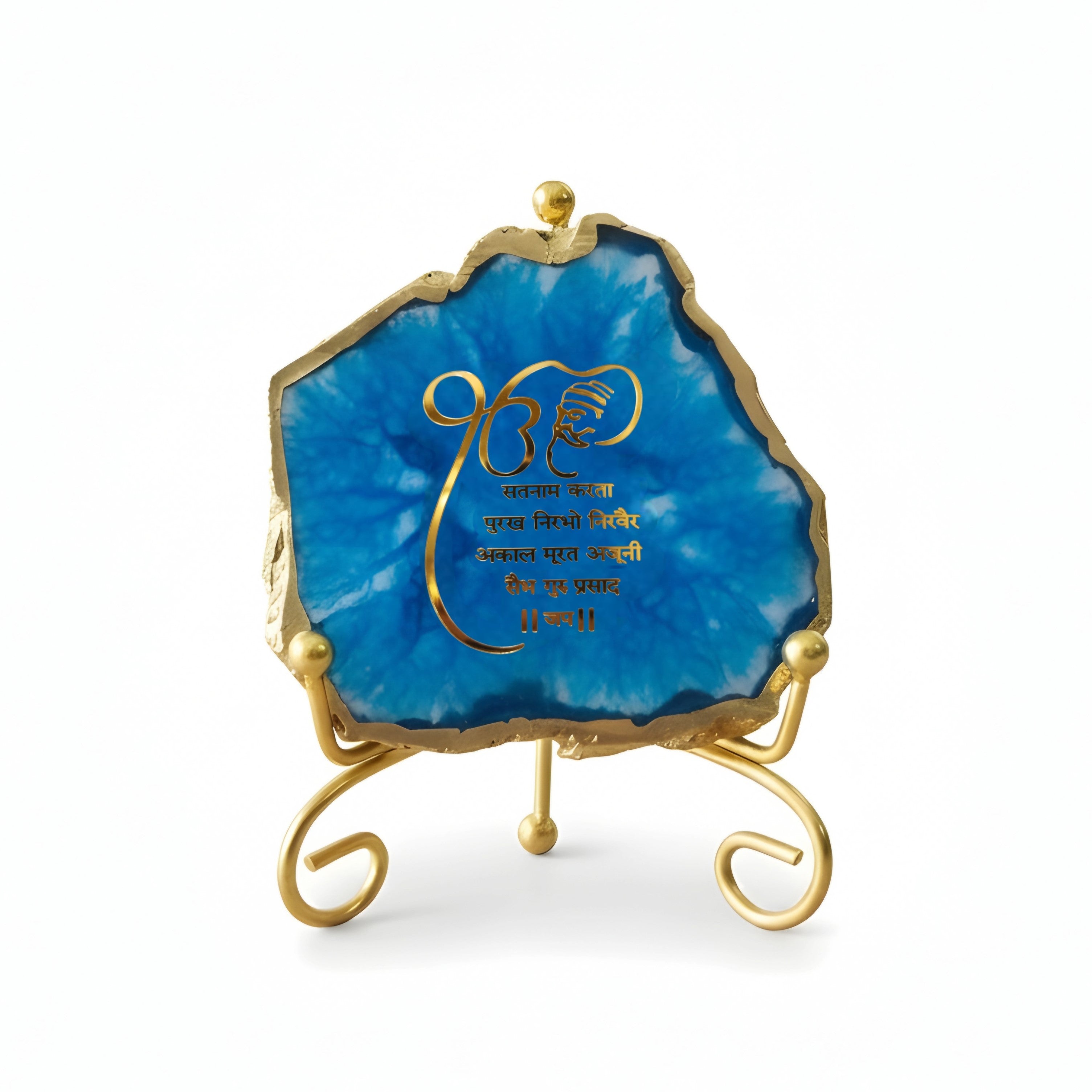 Agate Starting of Mool Mantra Showpiece with Metal Stand - Blue