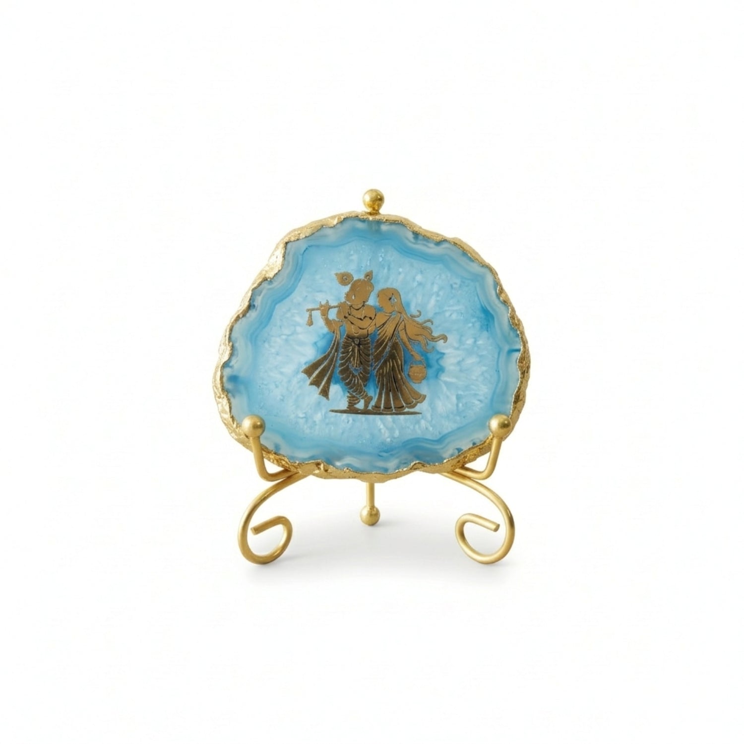 Agate Radha Krishna Showpiece with Metal Stand - Blue