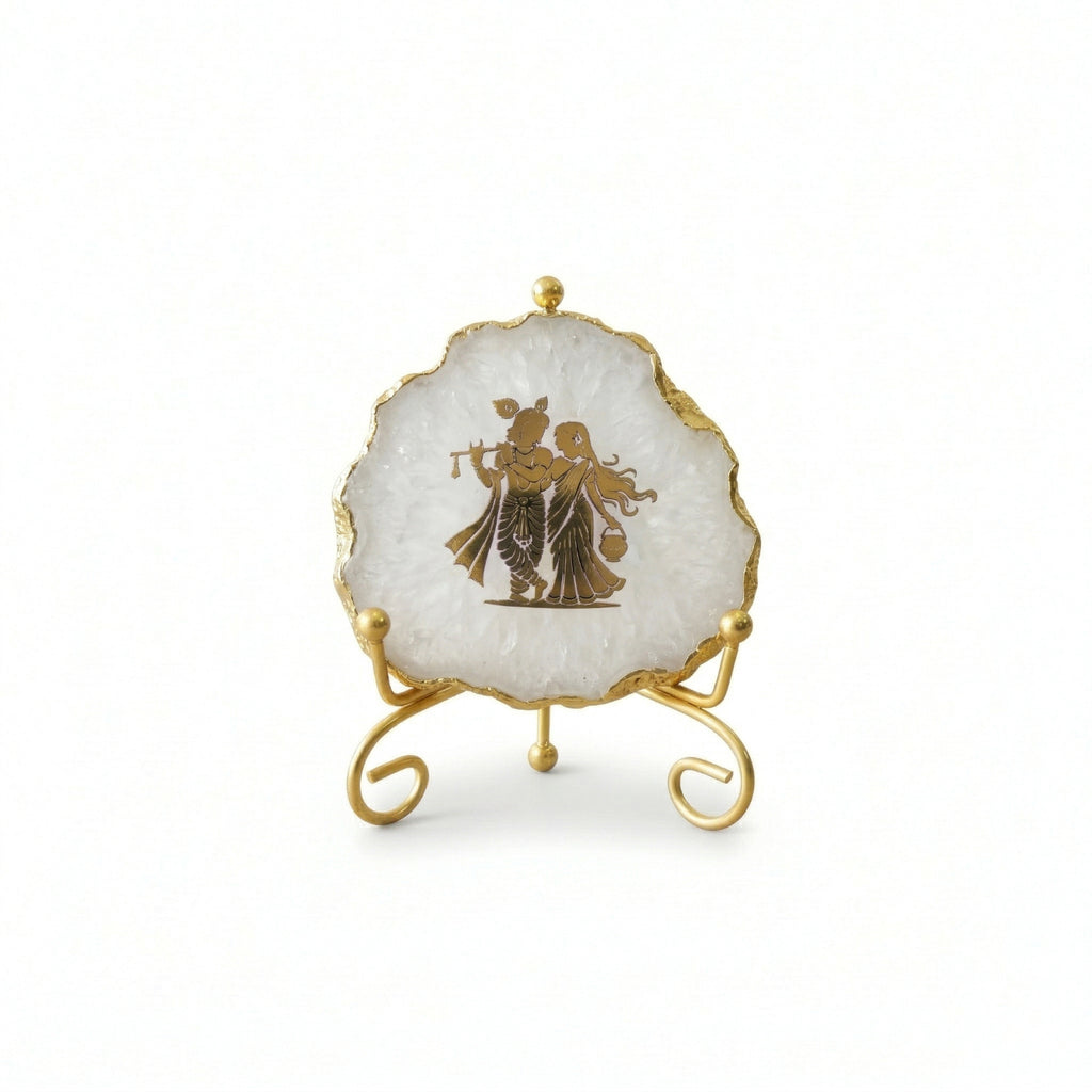 Agate Radha Krishna Showpiece with Metal Stand - White