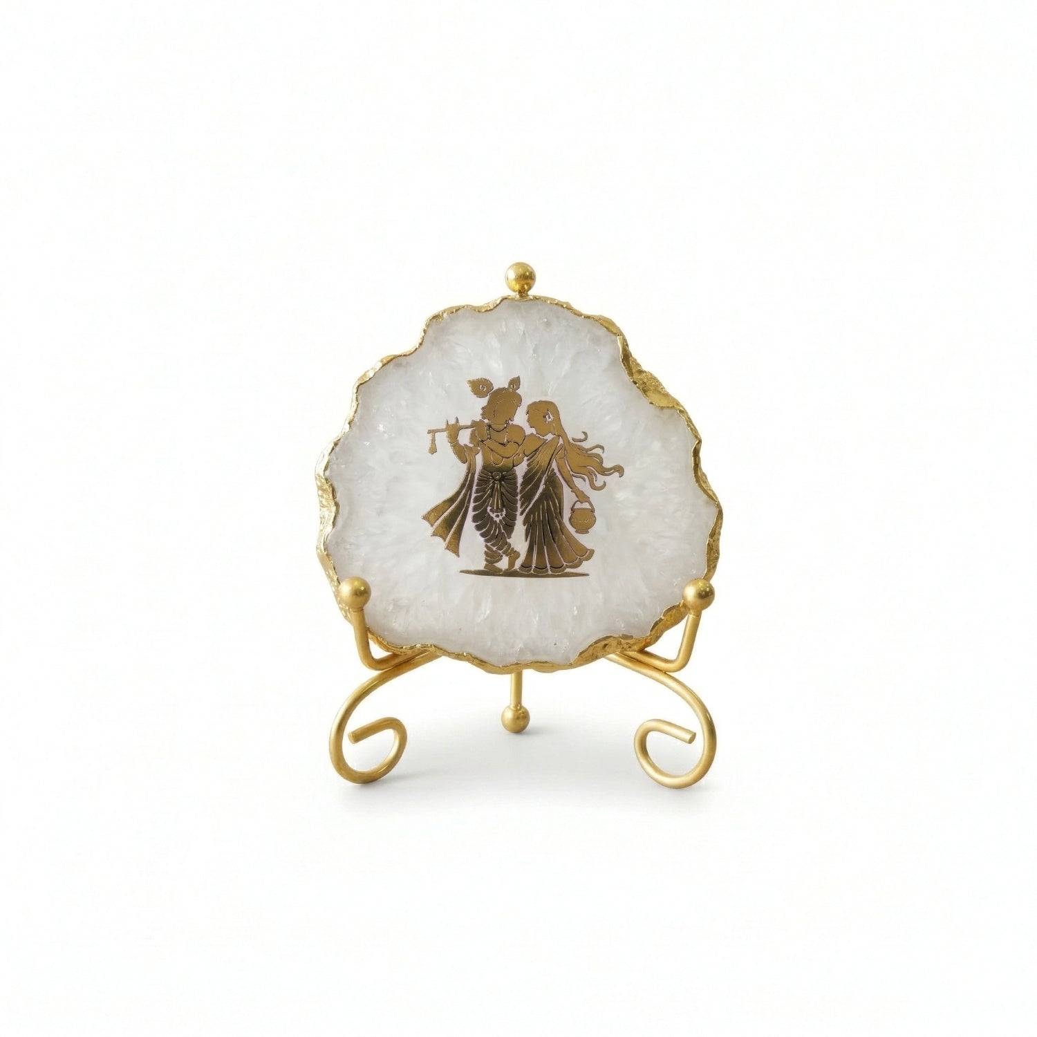 Agate Radha Krishna Showpiece with Metal Stand - White