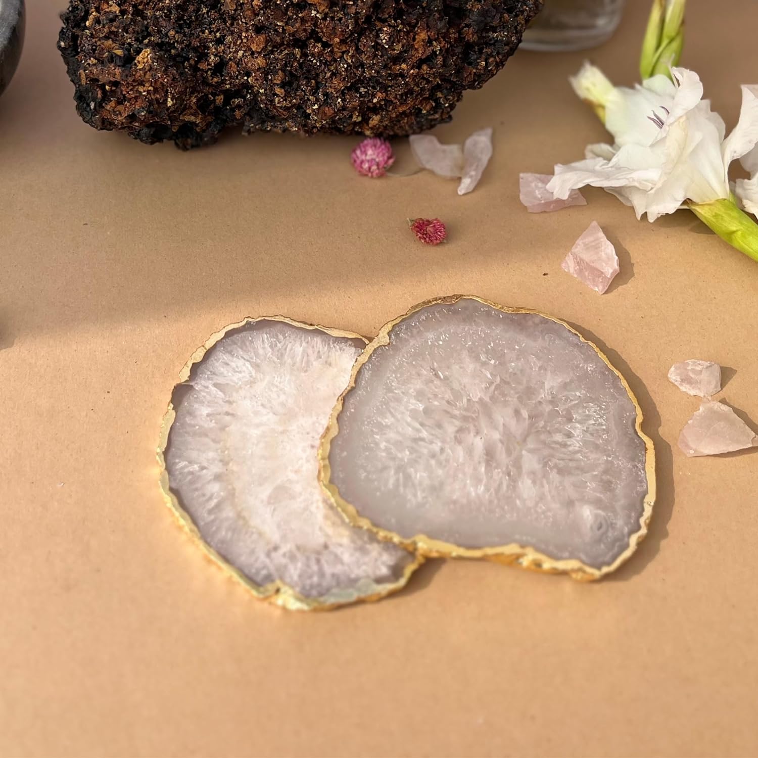 White  Crystal Agate Coaster With Gold Plating