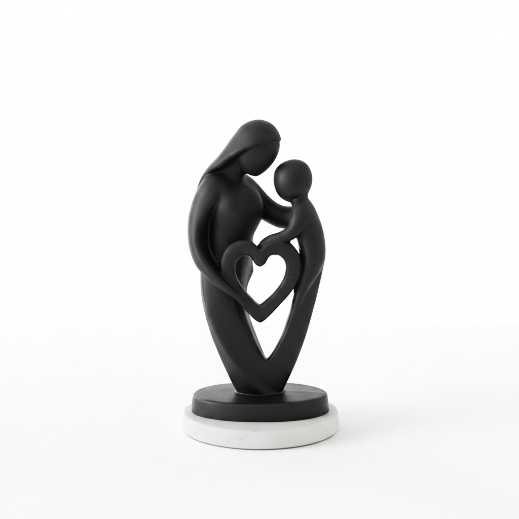 Mother Baby Black Heart Showpiece with White Marble Base