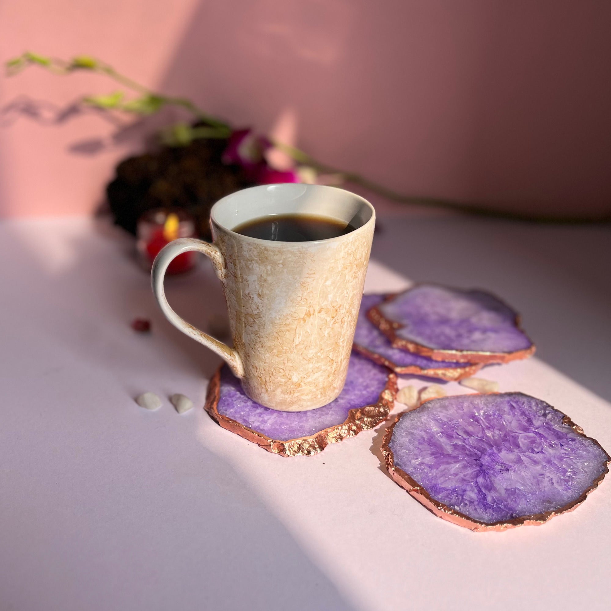 Purple  Crystal Agate Coaster With Rose Gold Plating