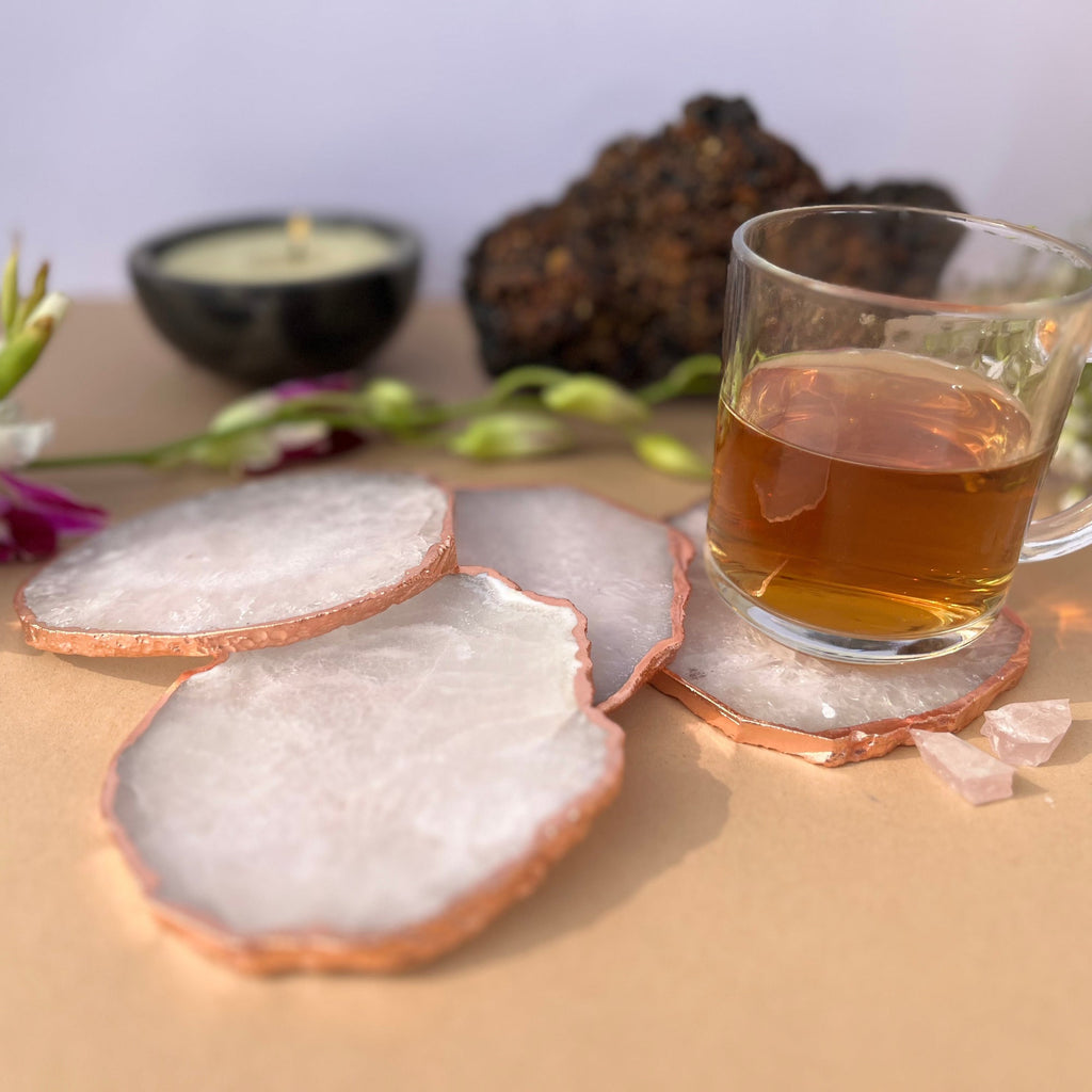 Brown  Crystal Agate Coaster With Rose Gold Plating